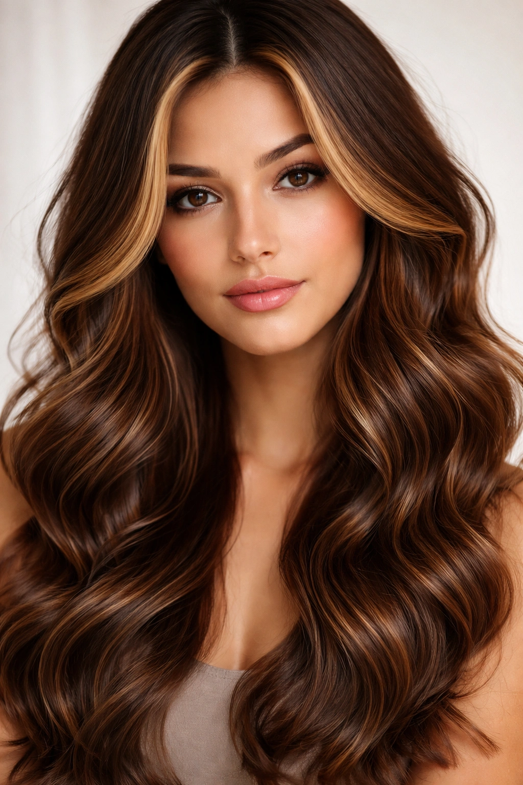 Chestnut hair with face-framing lighter money pieces and waves