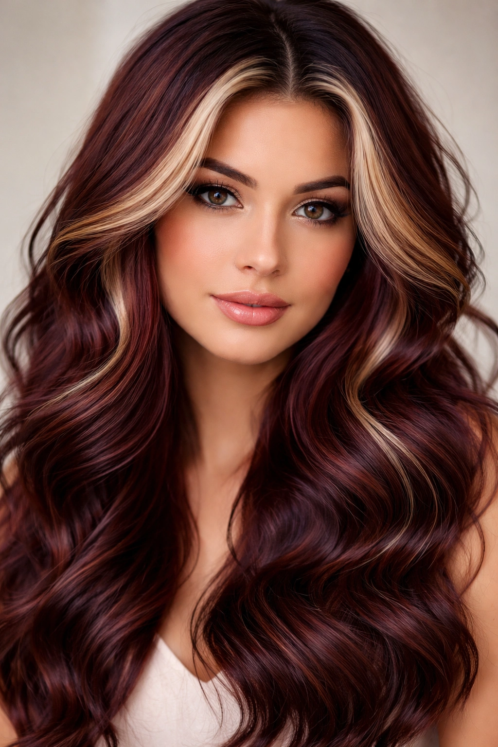 Burgundy wavy hair with lighter money pieces
