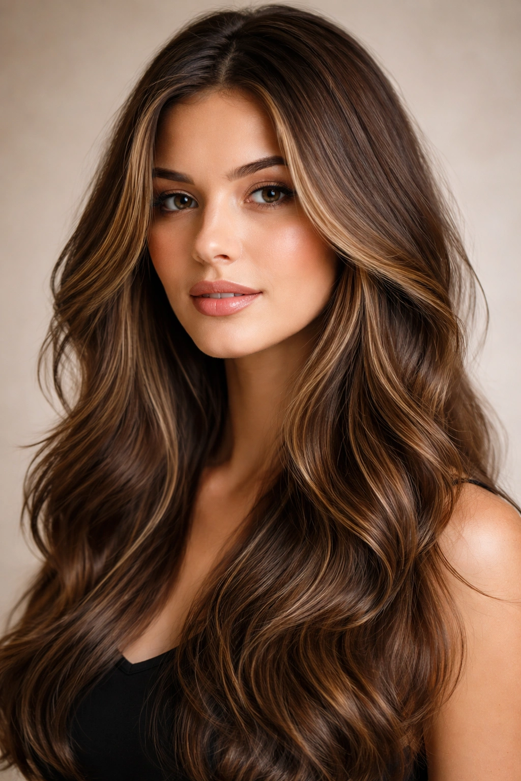 Close-up of long wavy hair with money pieces framing the face around cheeks