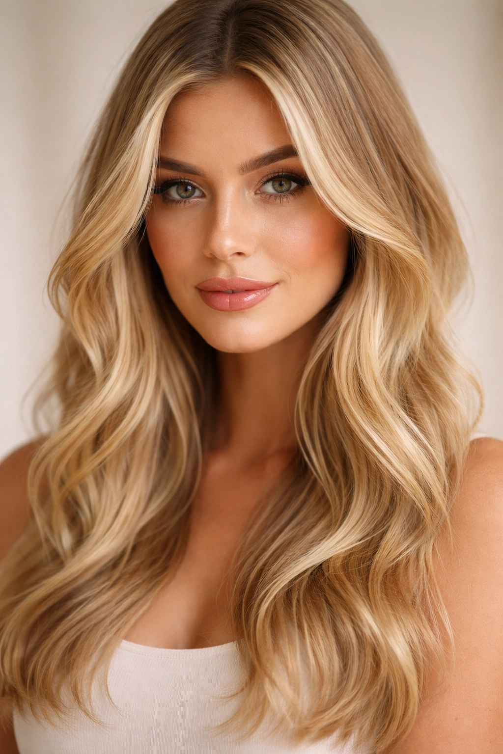 Blonde hair with face-framing money pieces and soft waves