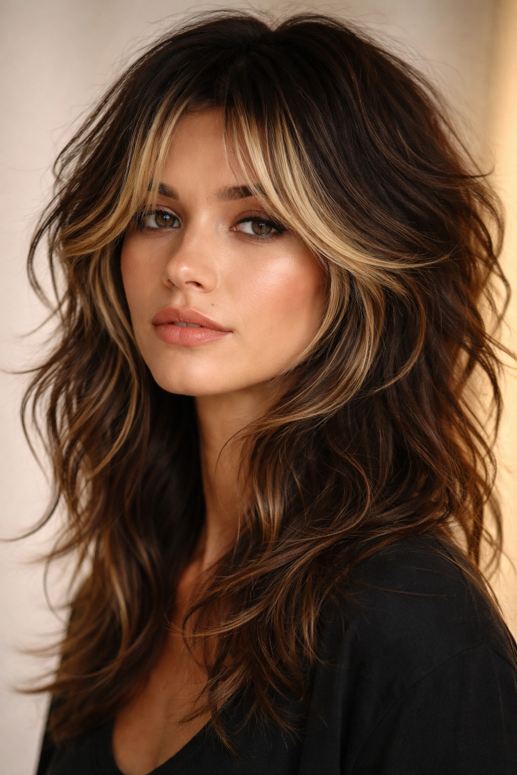 Close-up of a textured shag wolf cut with money pieces framing the face in warm studio light