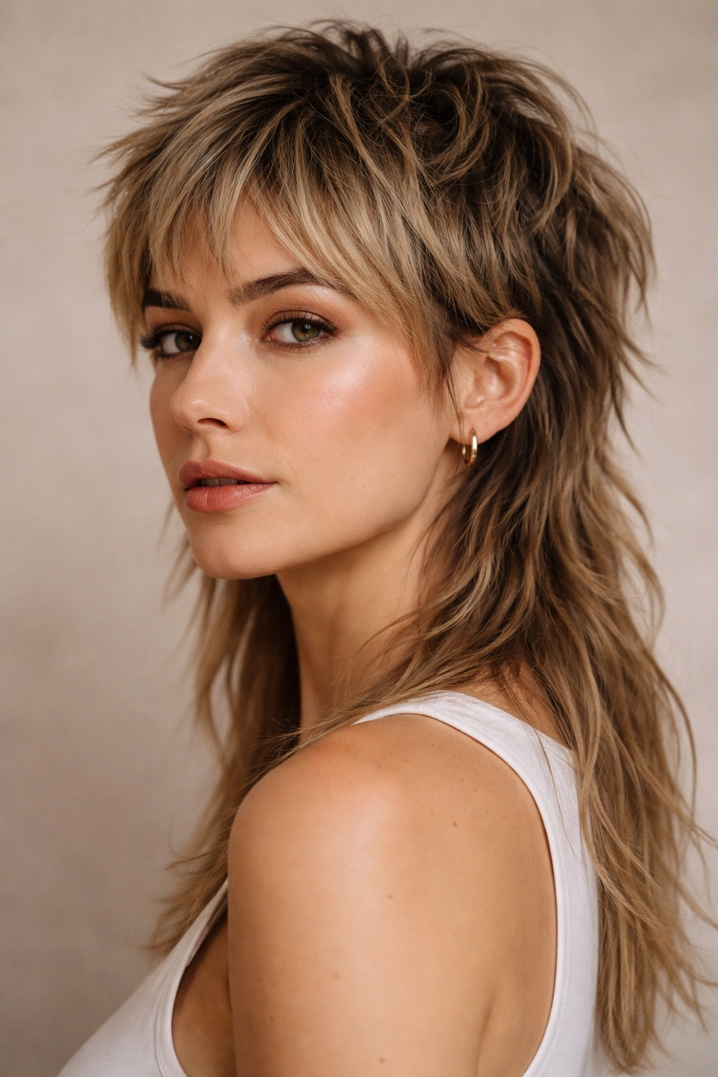 Mullet-inspired haircut with short textured top and long back in studio