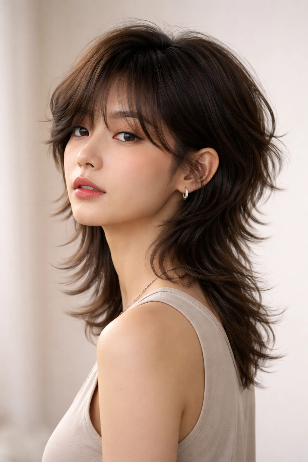 Portrait of a modern wavy mullet with feathered layers, showing short front and long back