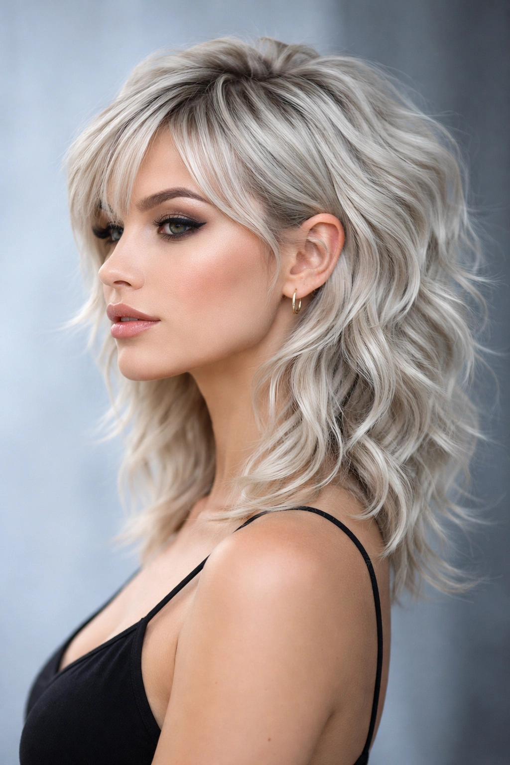 Portrait of modern mullet wavy bob in icy blonde with short top and longer back