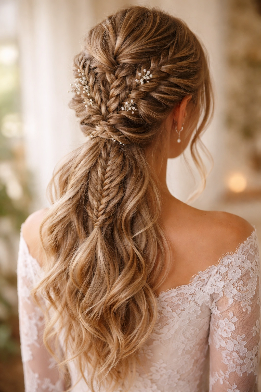 Back view of three braids converging into a single low ponytail, dramatic bohemian look.