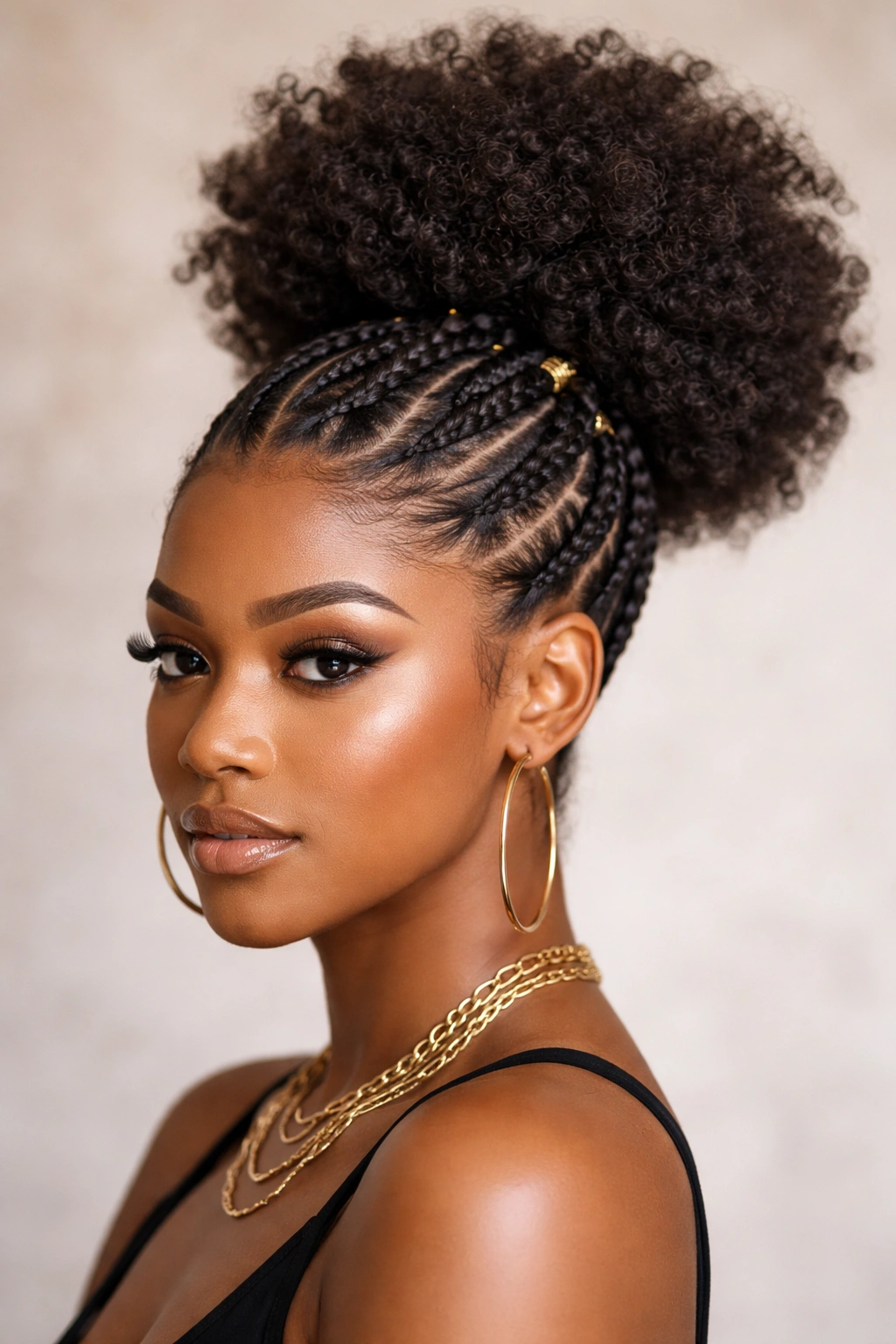 Close-up of multiple braids converging into a dramatic crown puff at the crown