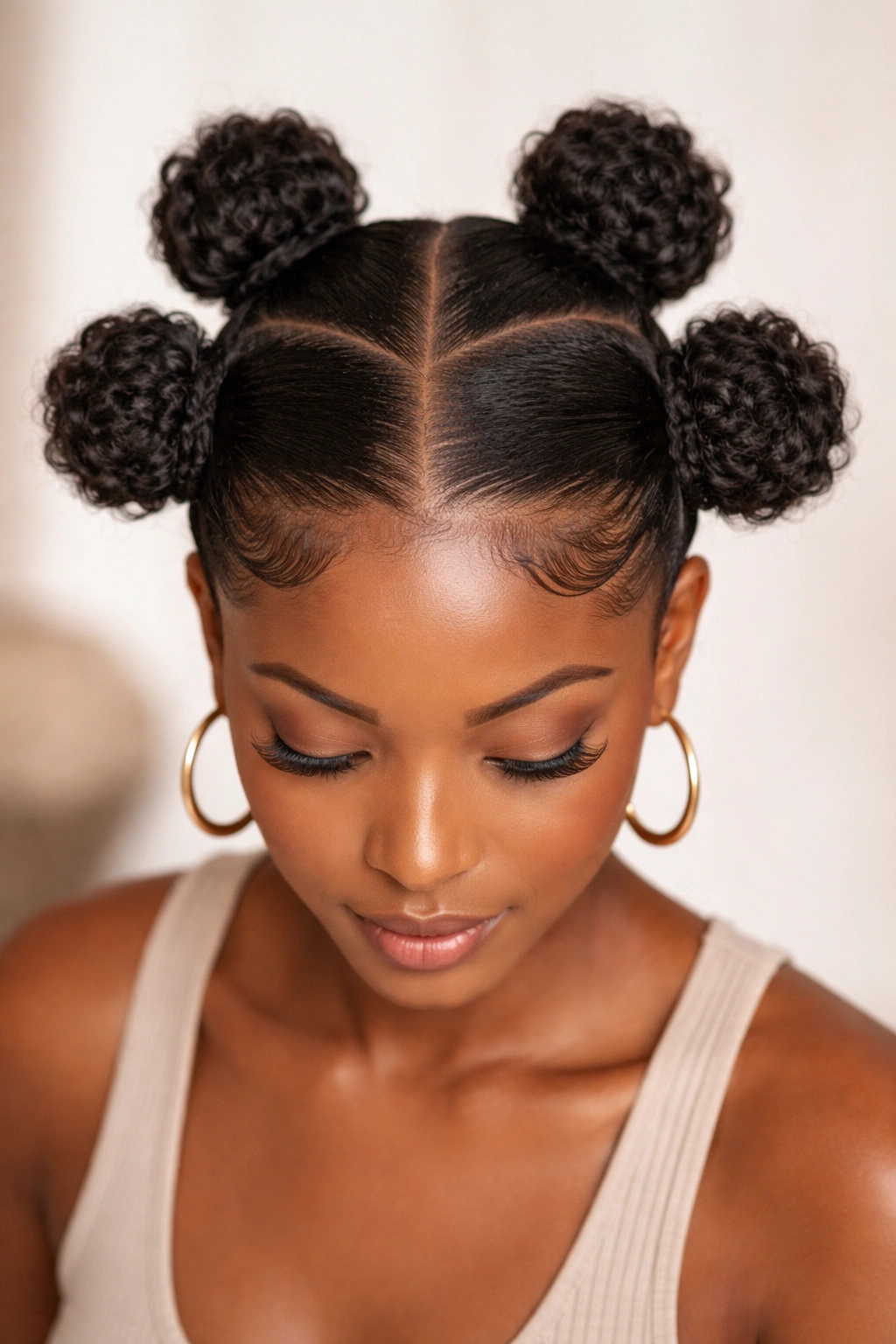 Top-down view of multiple small buns across the head.