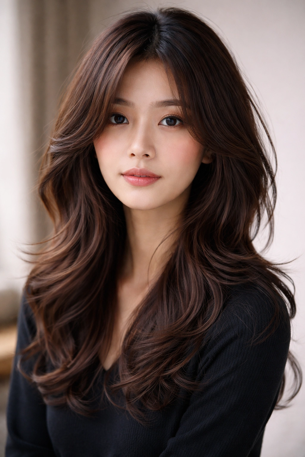 Medium-length hair with multiple layers around the face and defined waves