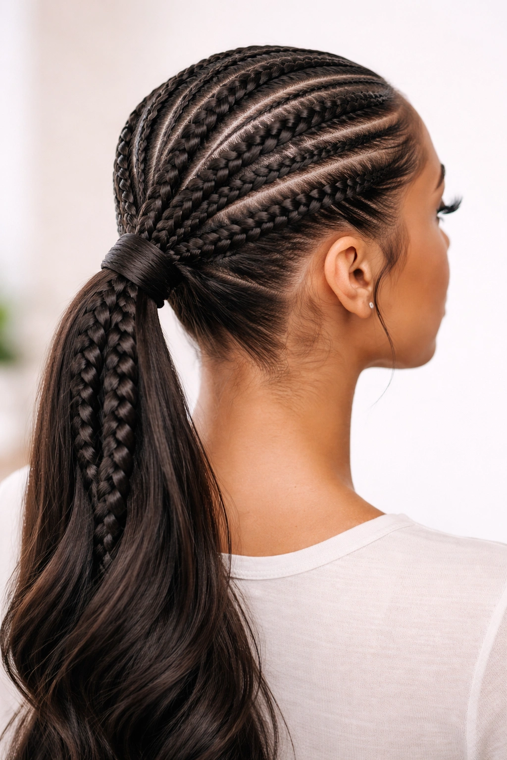 Three stitch braids converging into a textured ponytail