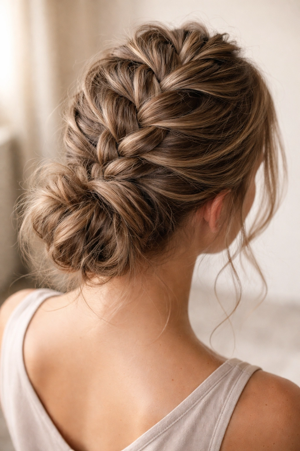 Five-strand braid weaving into a dense textured messy bun