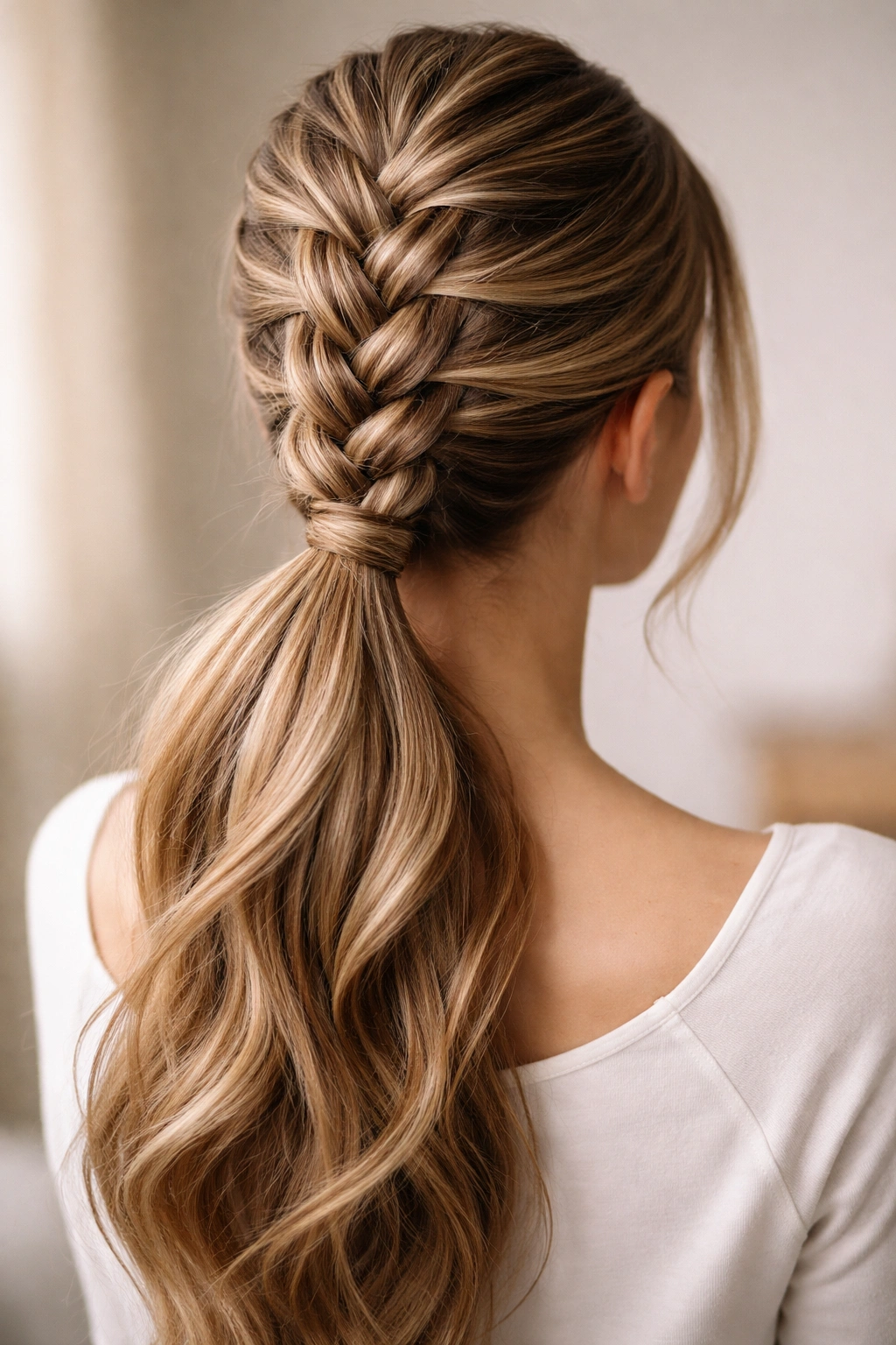 Intricate multi-strand braid flowing into a ponytail