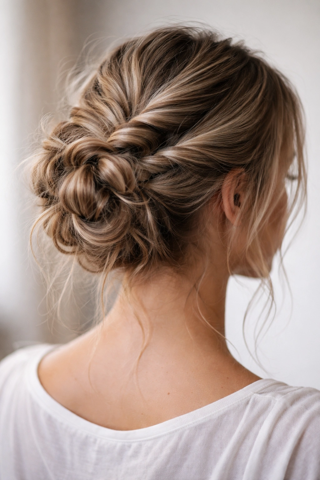 Complex bun with multiple twisted and braided strands