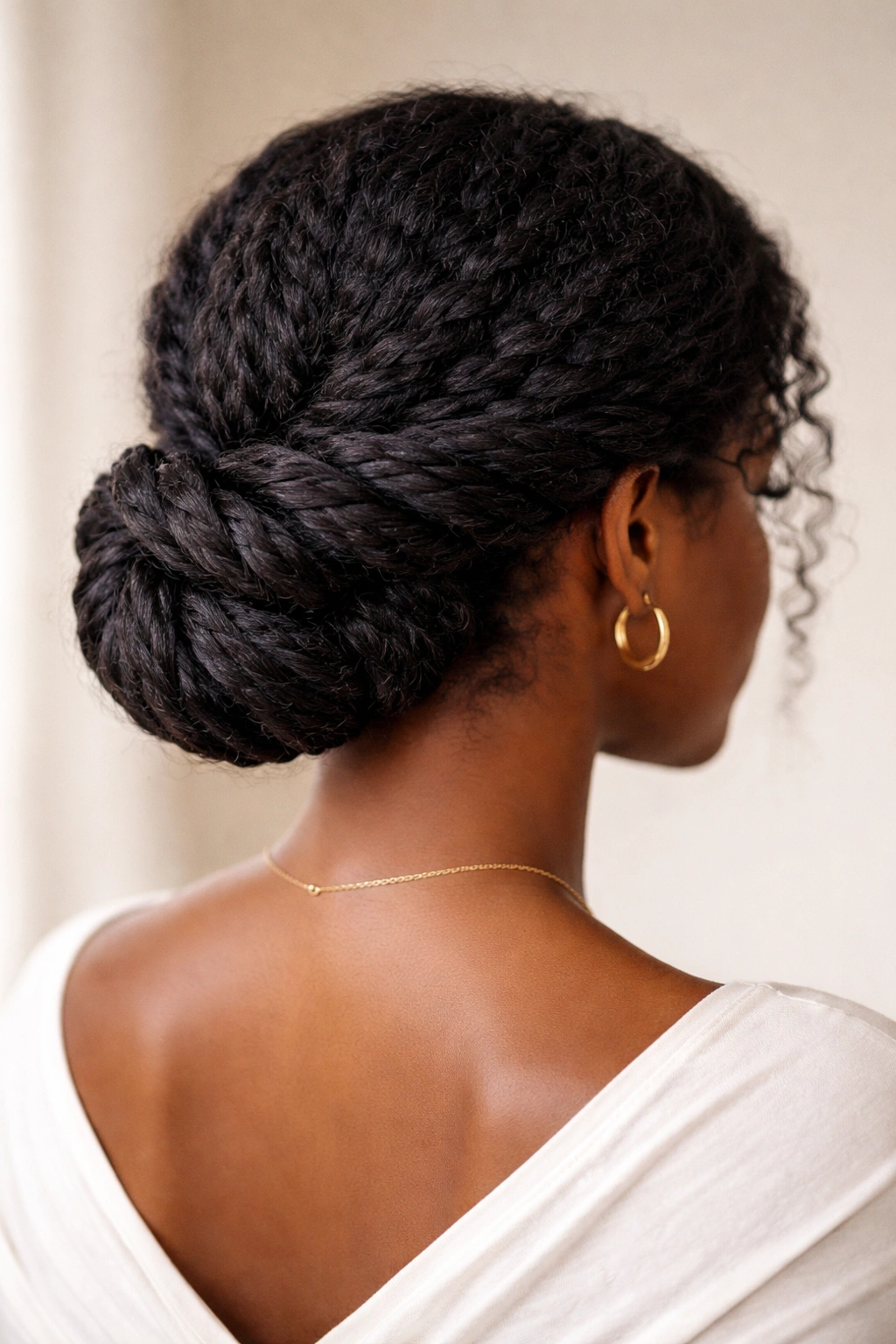 Low chignon made of multiple twisted strands on Afro hair