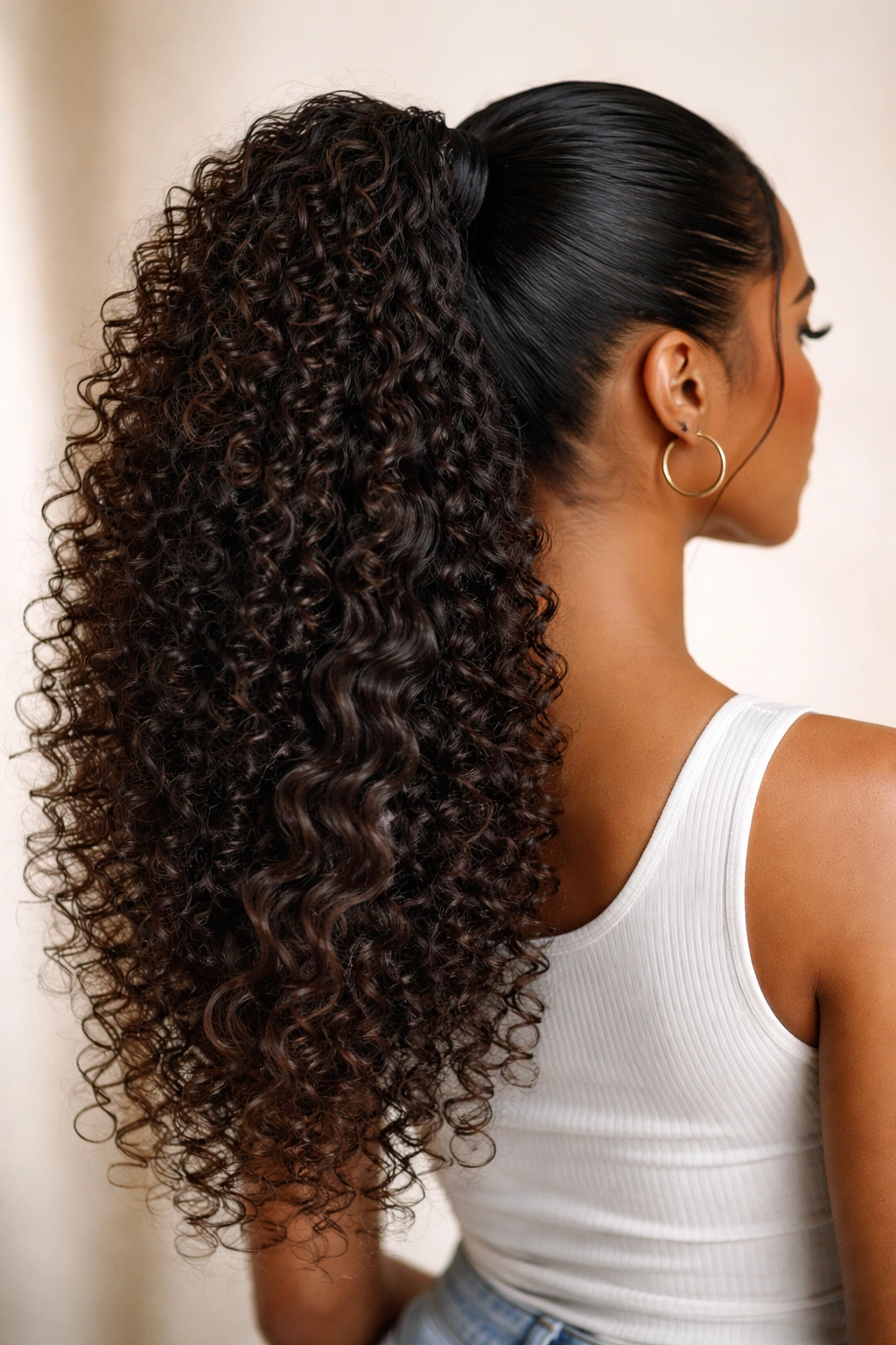 Multi-textured curly ponytail with mixed curl patterns