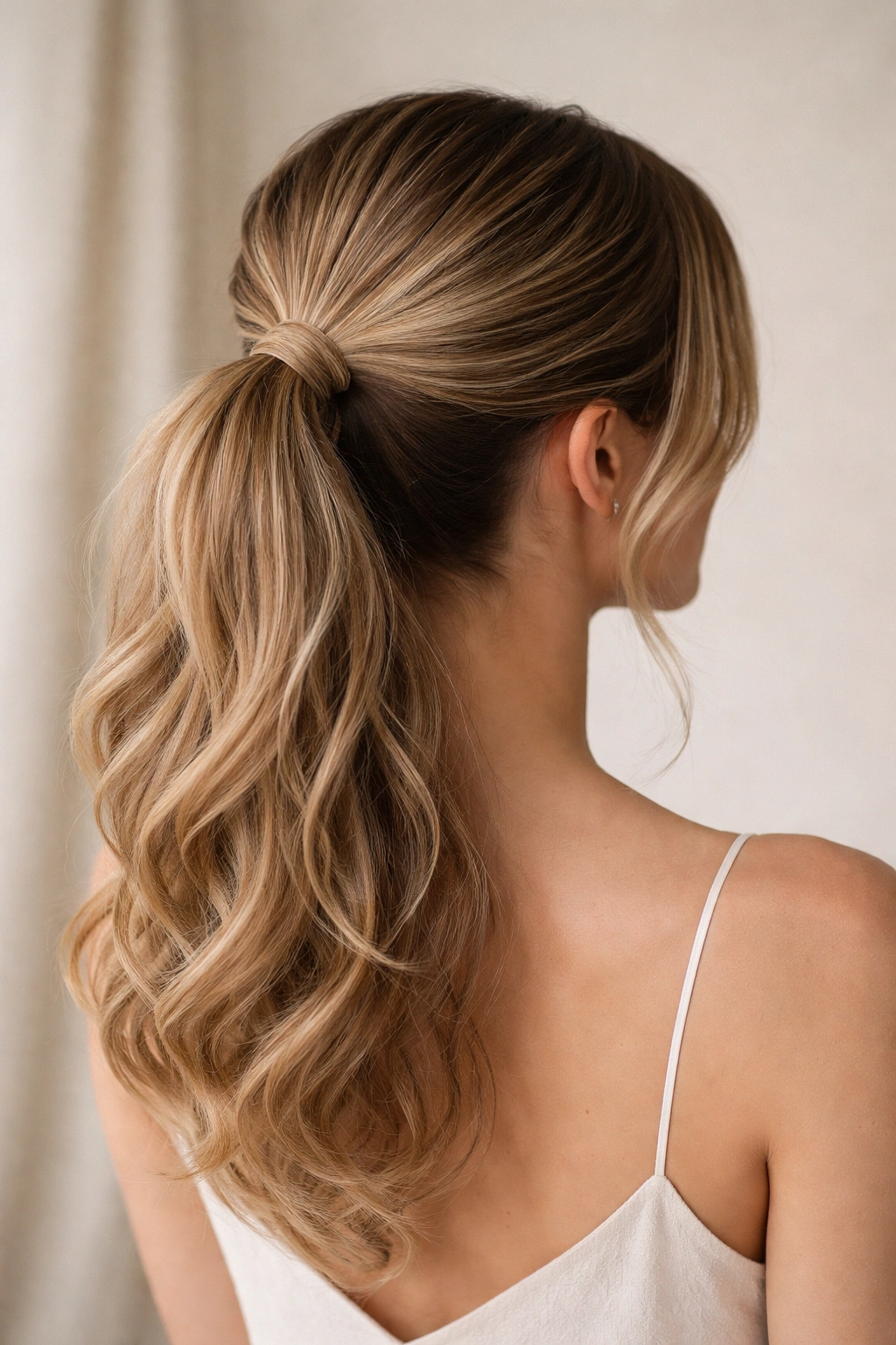 Back view of a mid-ponytail with mixed textures including waves and smooth sections