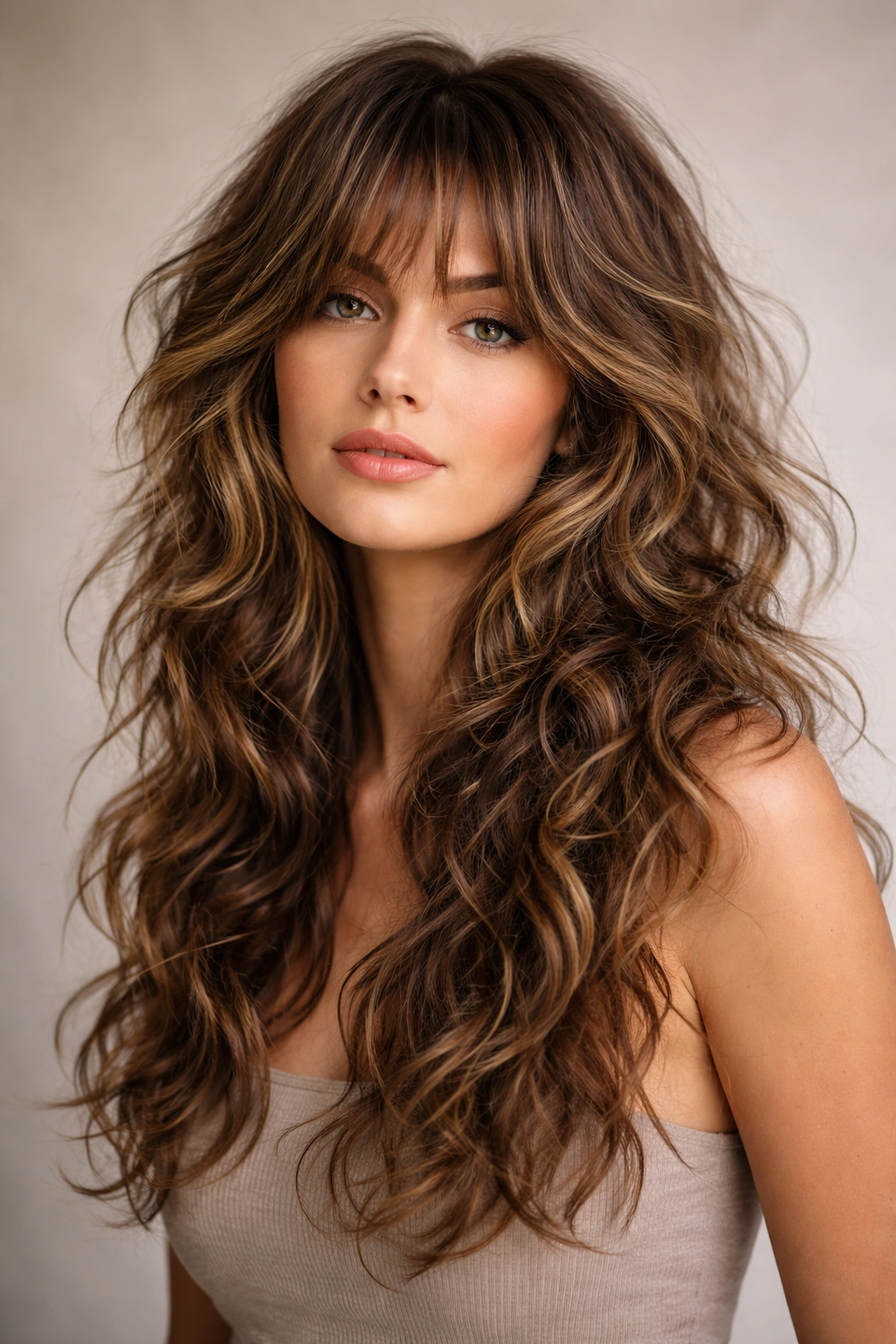 Model with long, multi-textured wolf cut showing diverse wave patterns and movement