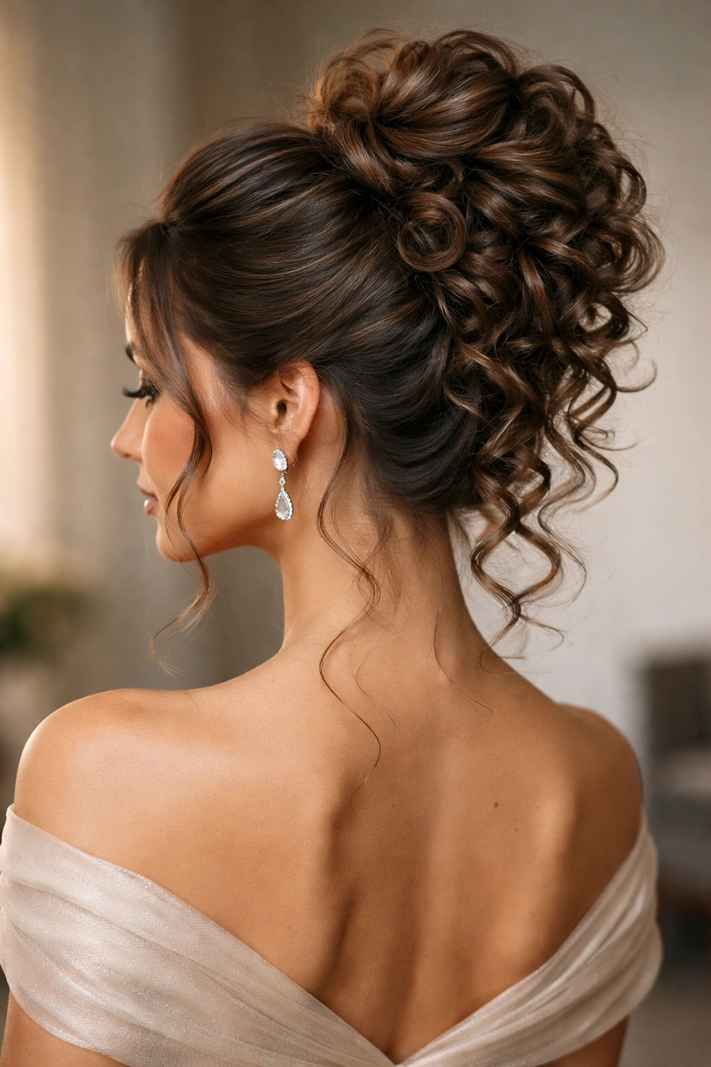 High multi-tiered bun with cascading curls and visible tiers