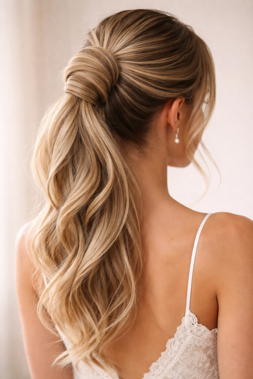 Back view of a high ponytail with multiple twists wrapped around the base