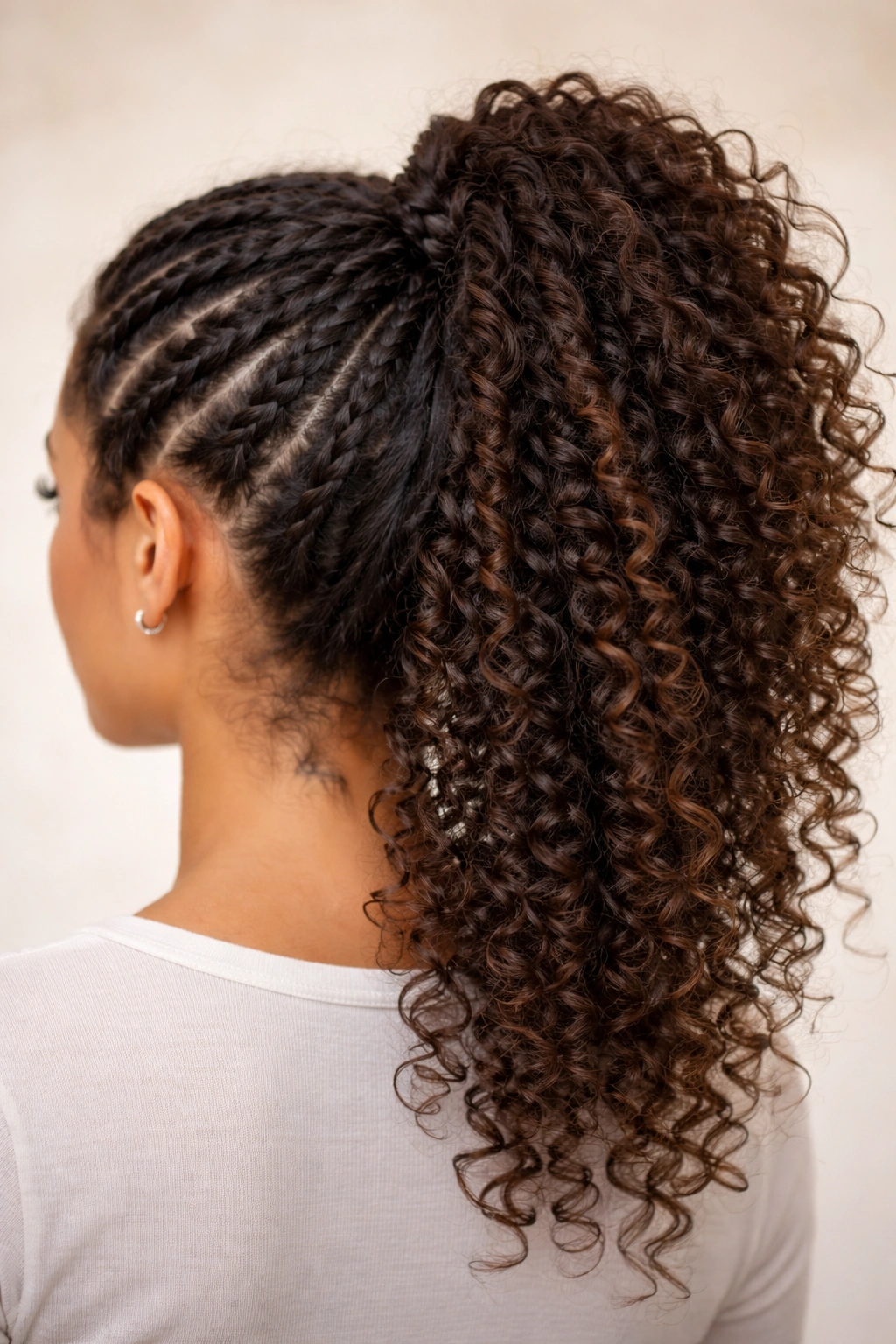 Back view of a high ponytail with multiple two-strand twists along the length