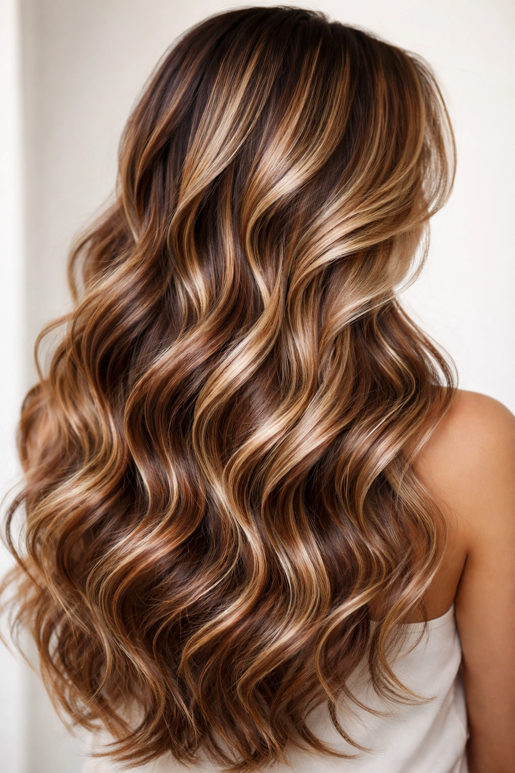Hair with multiple harmonious highlight tones on wavy locks