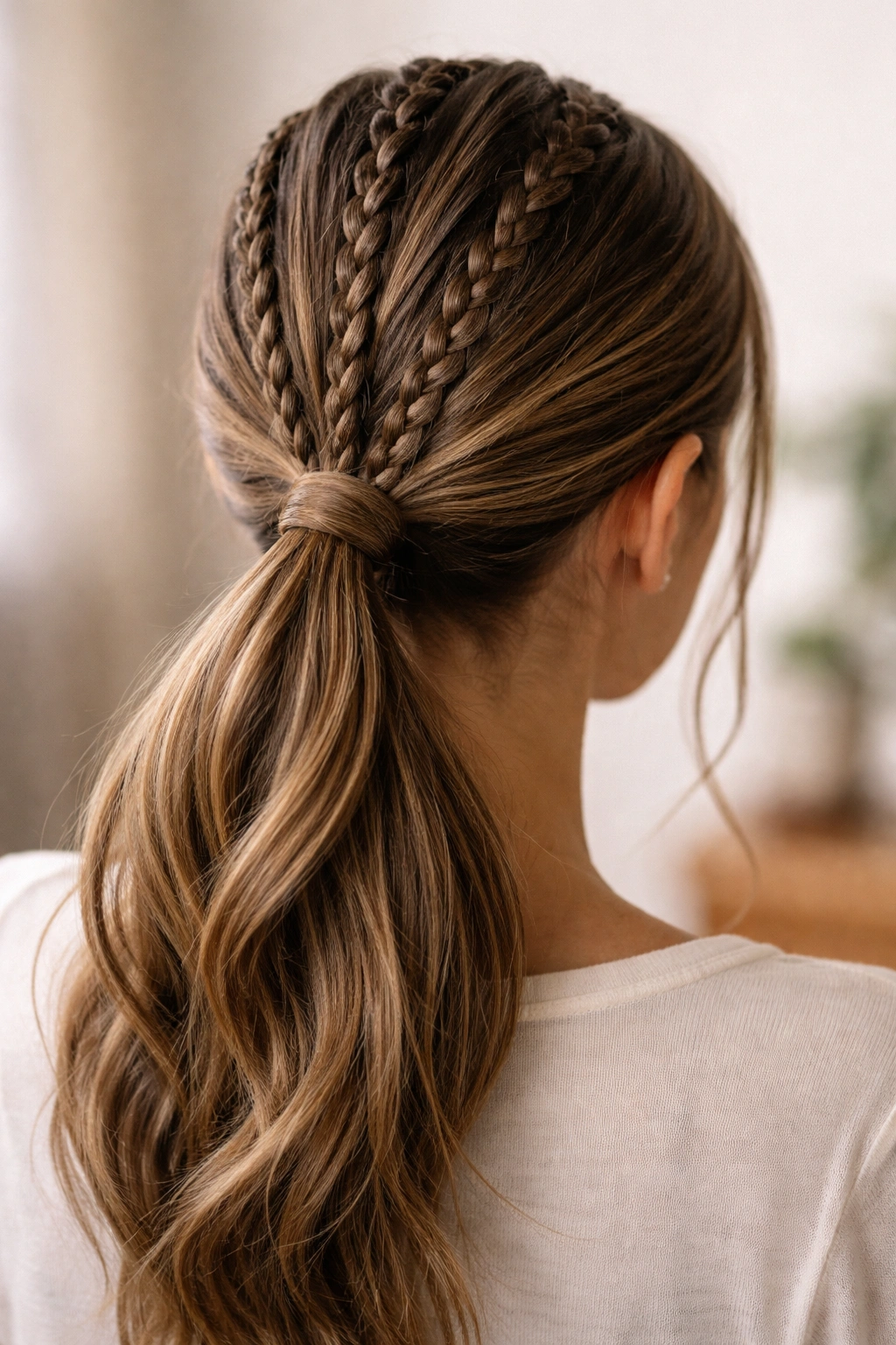 Group of small braids gathered into a single low ponytail with varied textures.