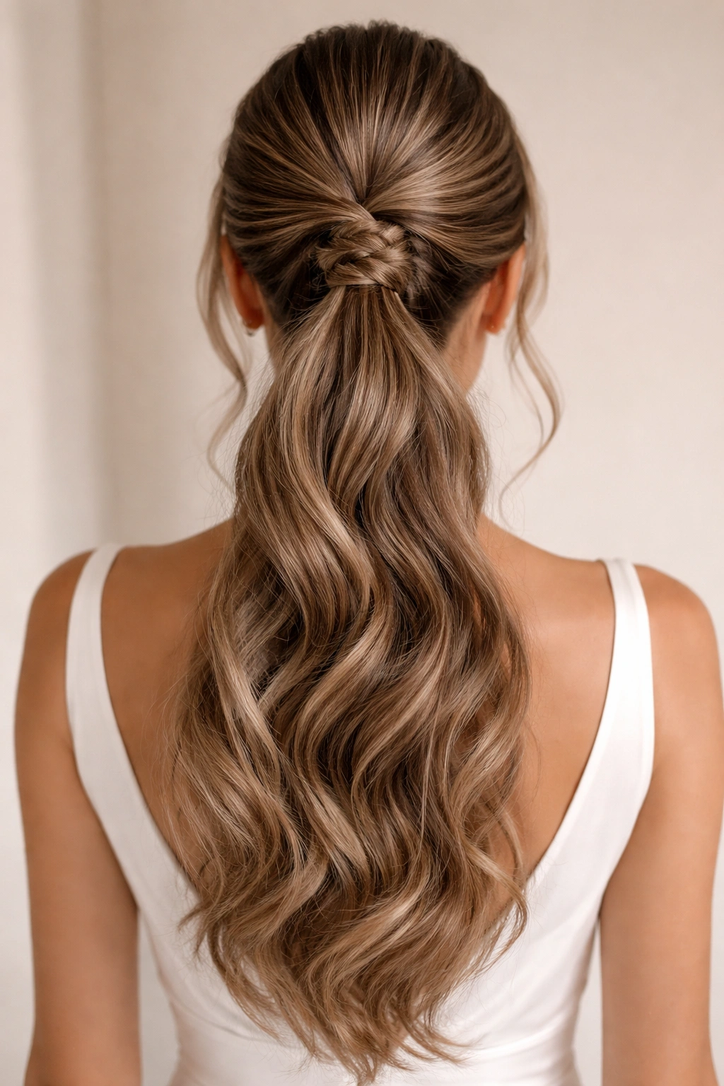 Back view of a long ponytail showing braid, smooth, and wavy textures