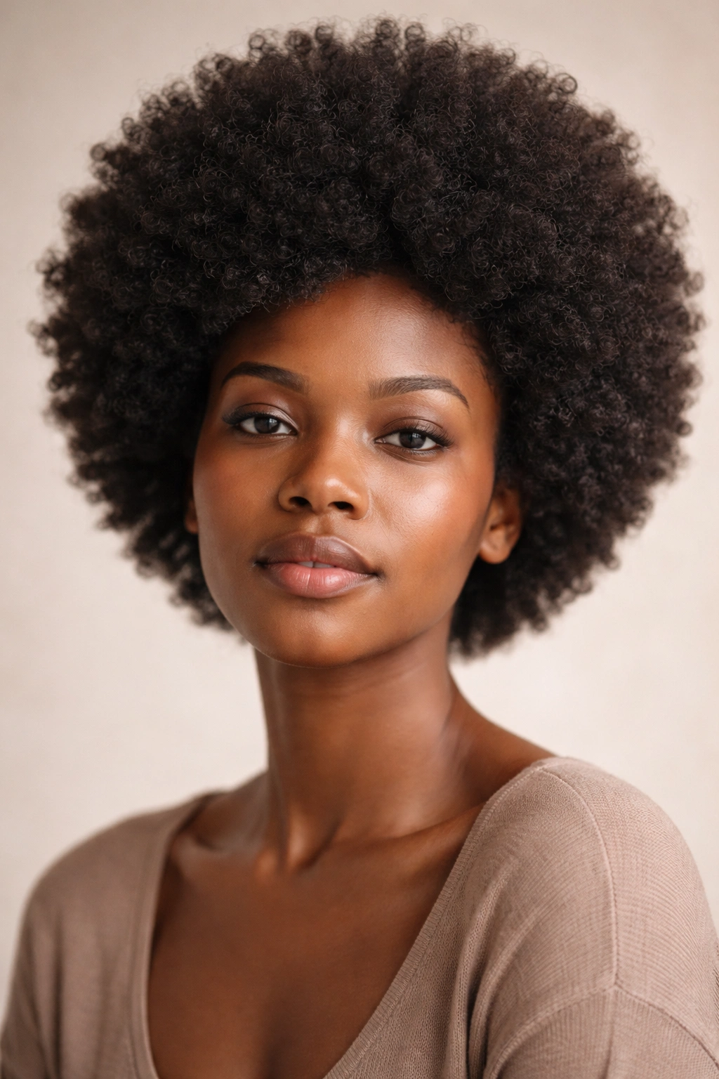 Close-up of a Black woman with a natural Afro after a big chop