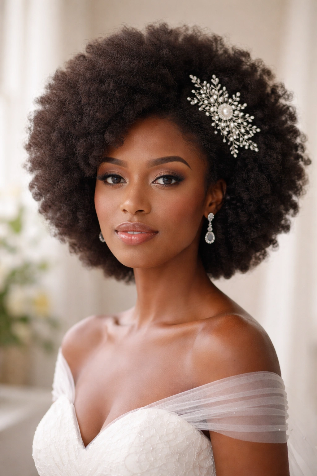 Natural afro with delicate hair comb in bridal portrait
