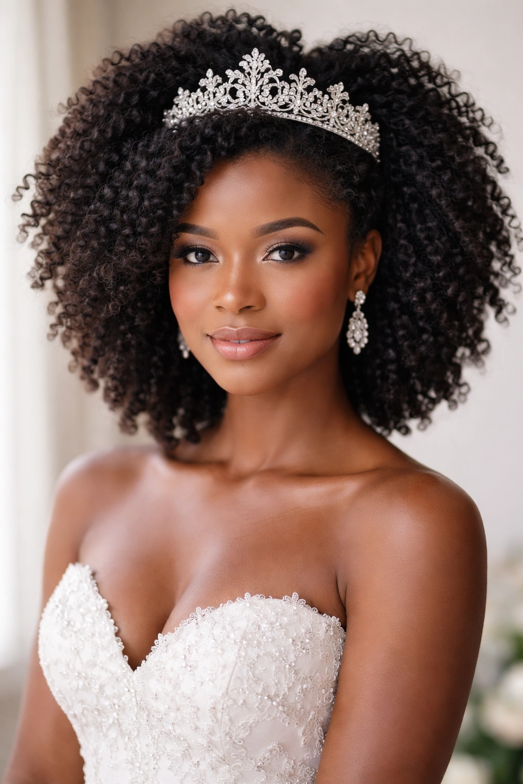 Defined natural coils with a delicate tiara on a bridal hairstyle