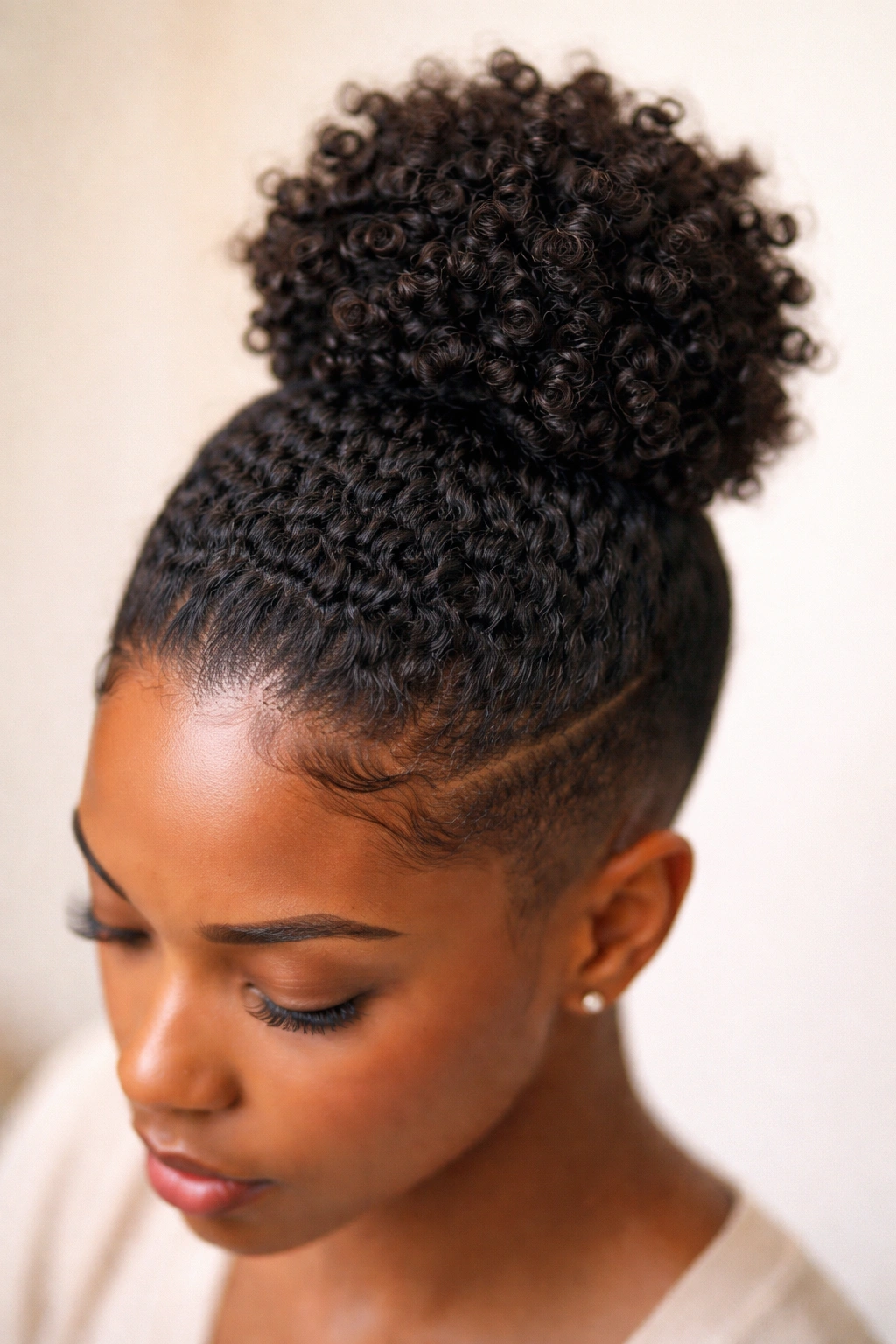 High-angle view of a topknot made from natural coil texture on a model