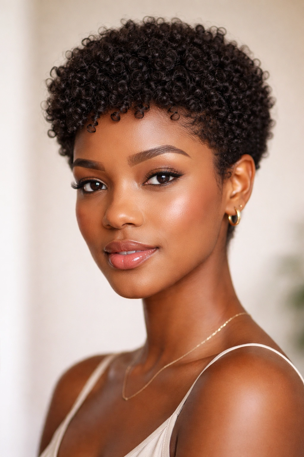 Close-up of a person with a tiny natural curl mini Afro pixie showing dense curls and rounded silhouette.