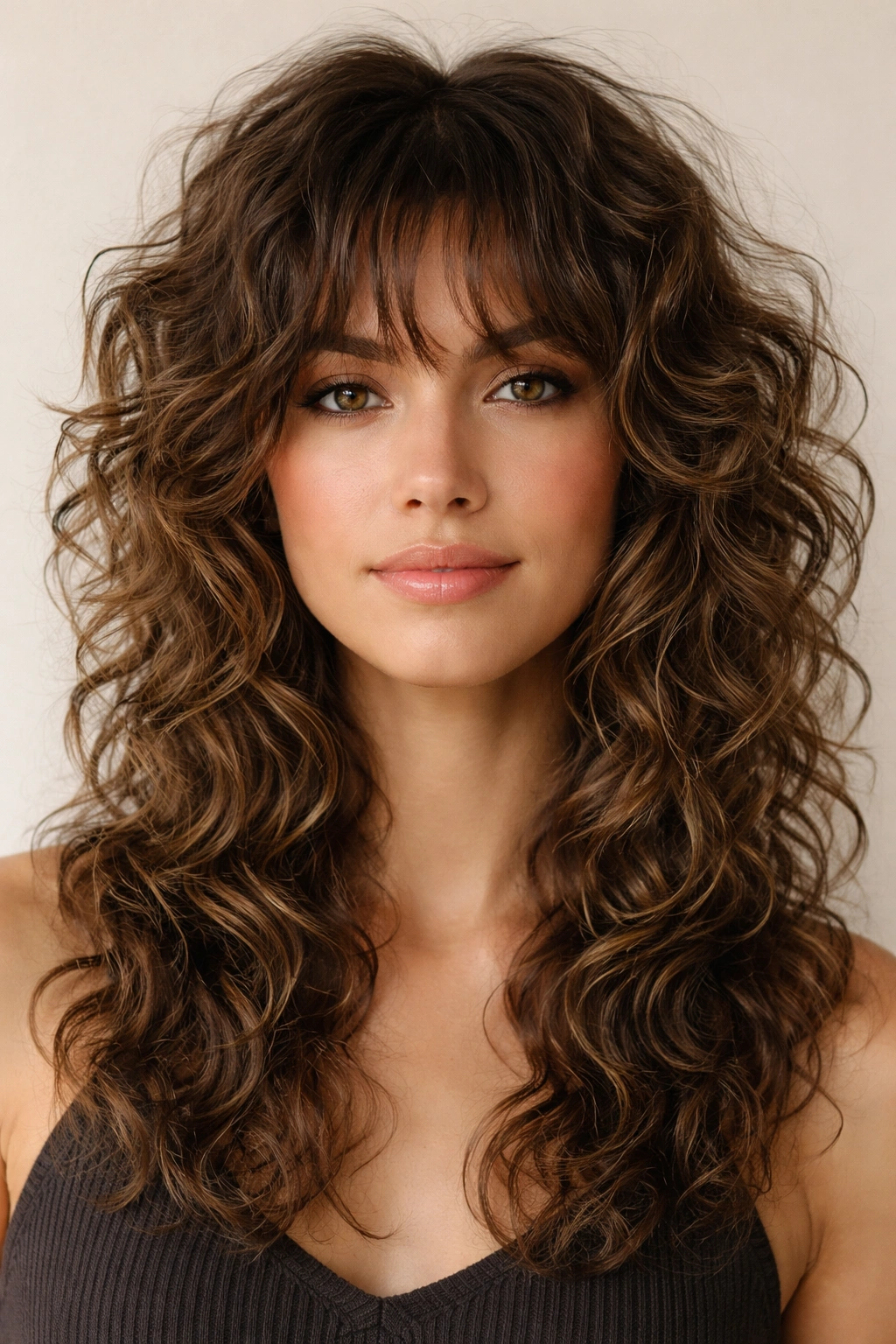 Front portrait highlighting natural curls with a wolf cut and defined layers.