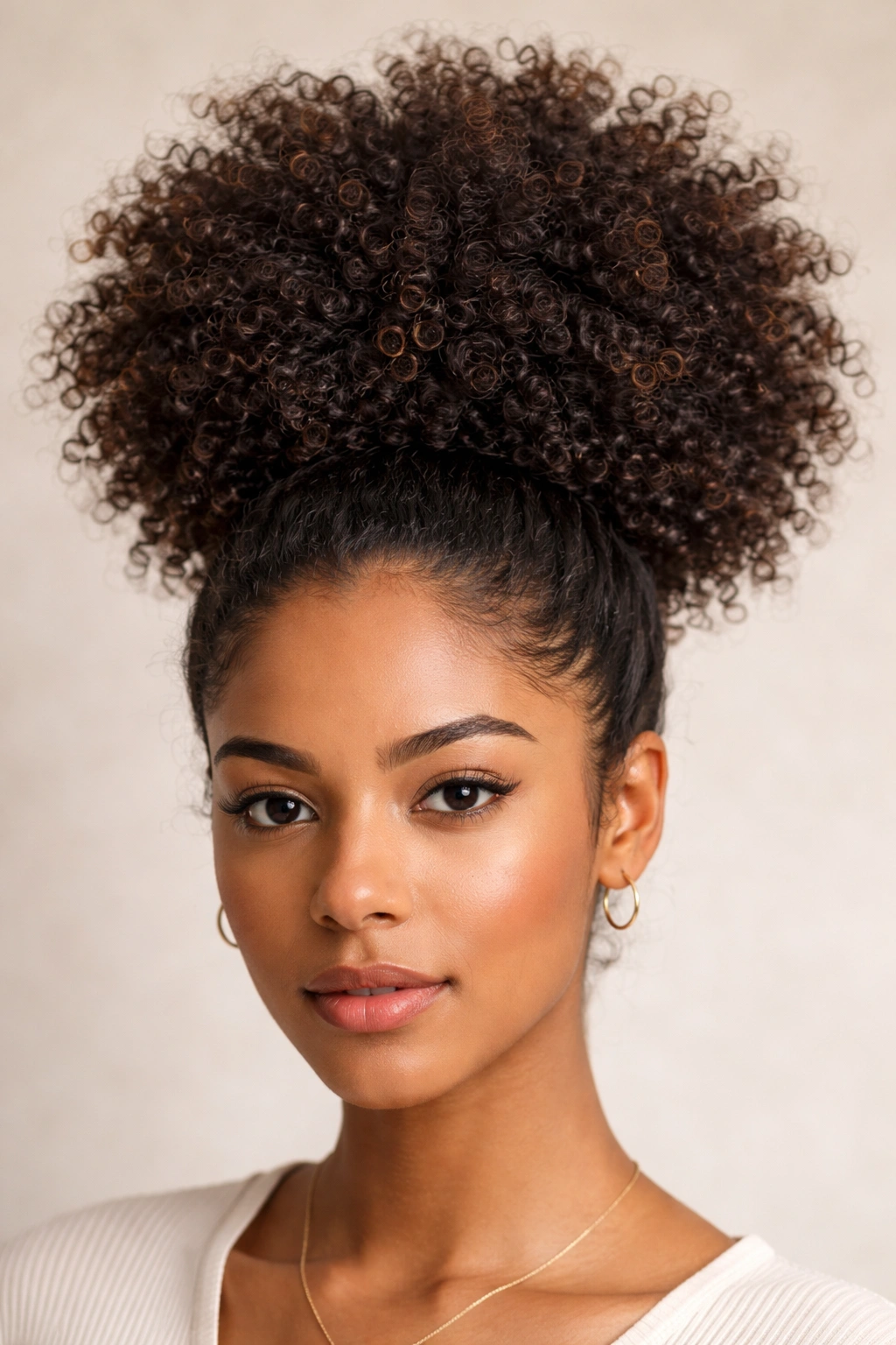 Dense puff bun with voluminous curls forming a rounded silhouette