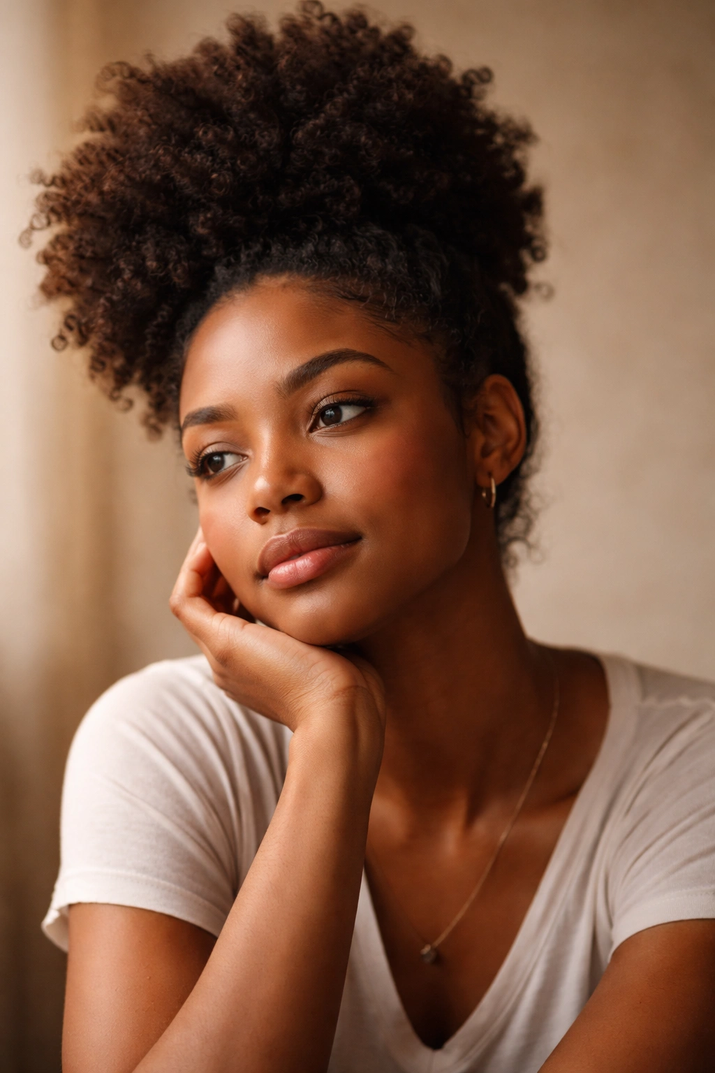 Contemplative portrait of natural hair reflecting on styling journey