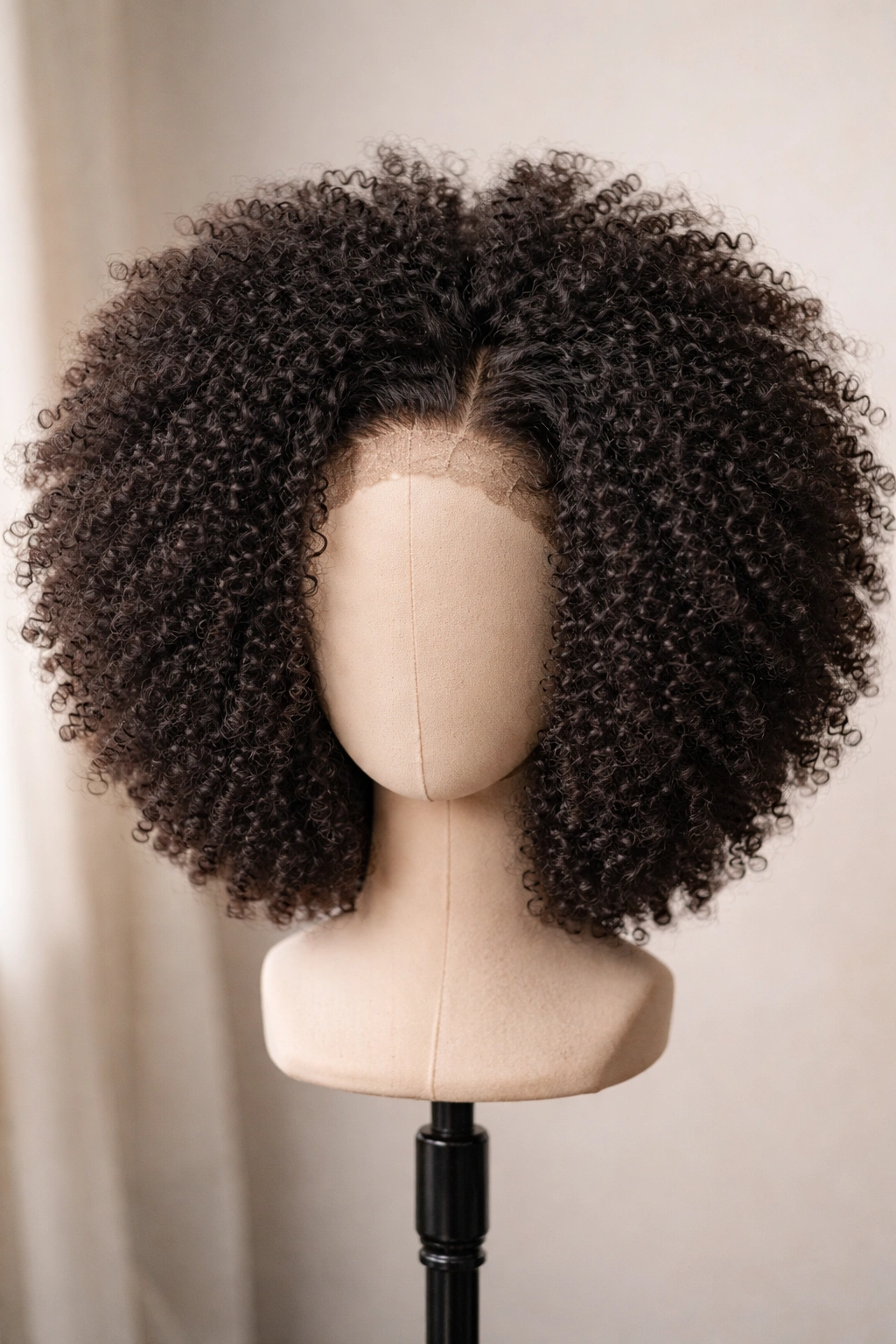 Dense natural kinky Afro wig with 4B/4C coils forming a bold rounded silhouette on a display head.