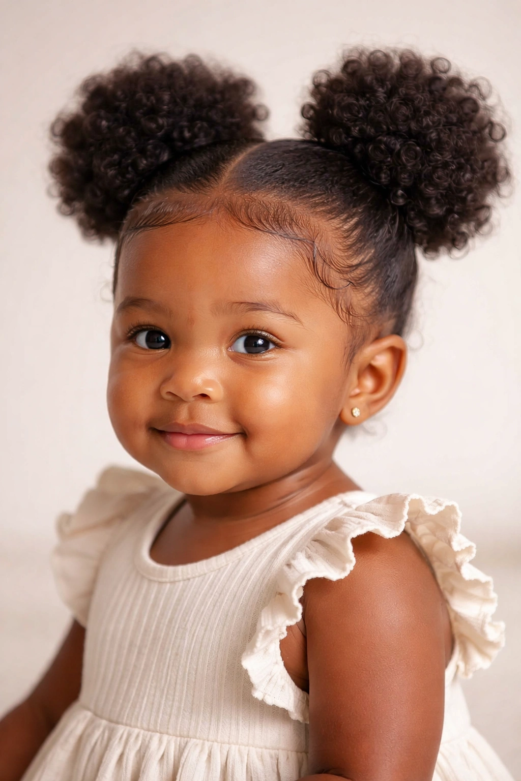 Baby girl's head with natural curls formed into puffs and styled edges.