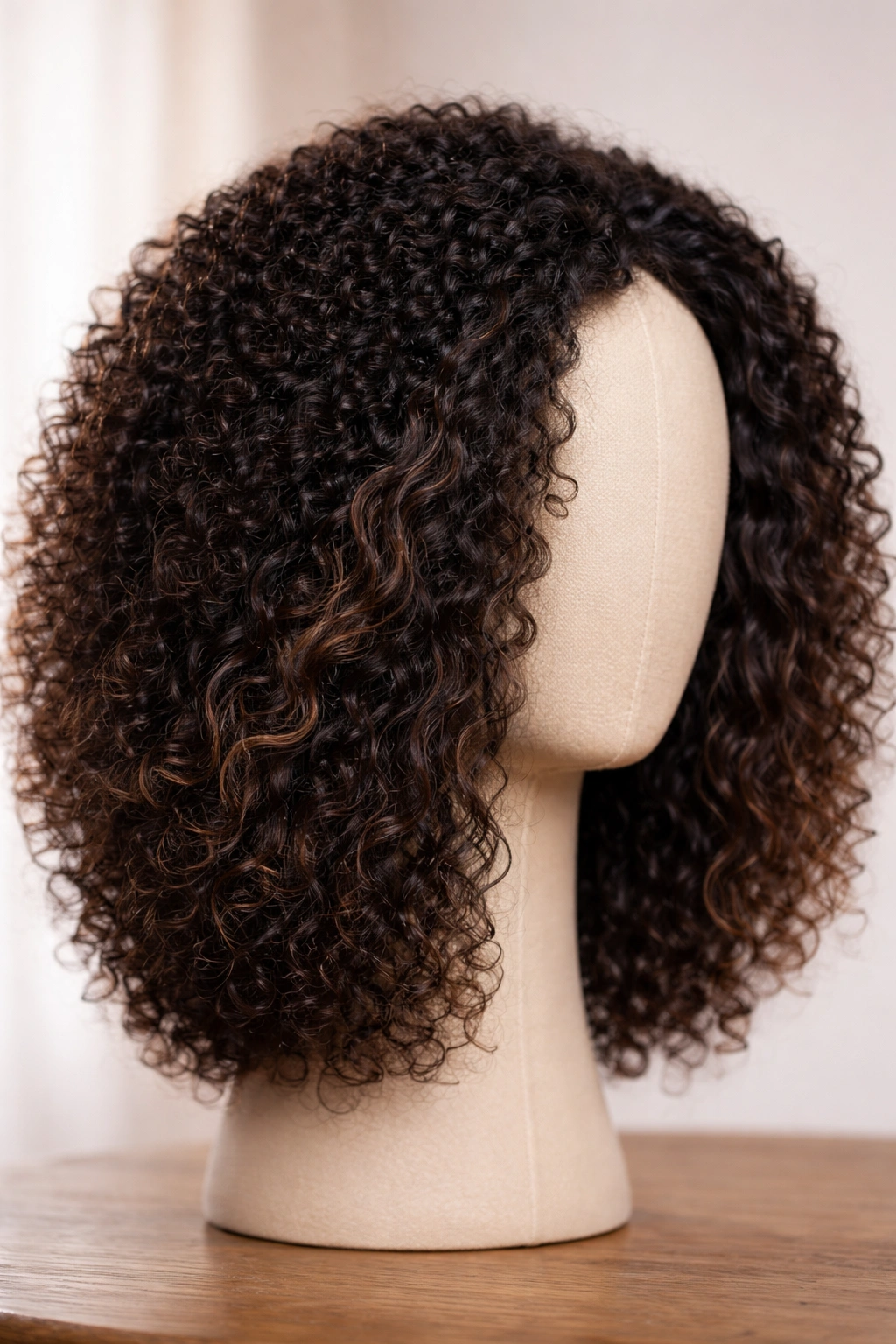 Wig with a blend of coils waves and straighter strands on a head form