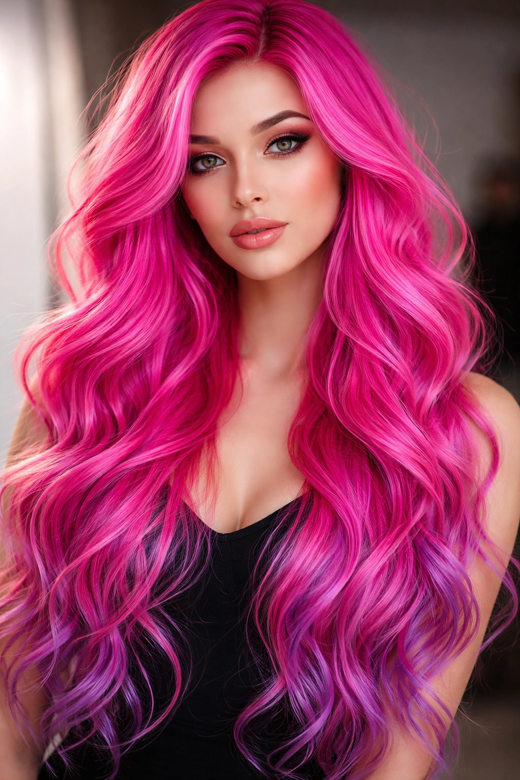 Neon pink hair with purple undertones in long waves under bright studio lighting