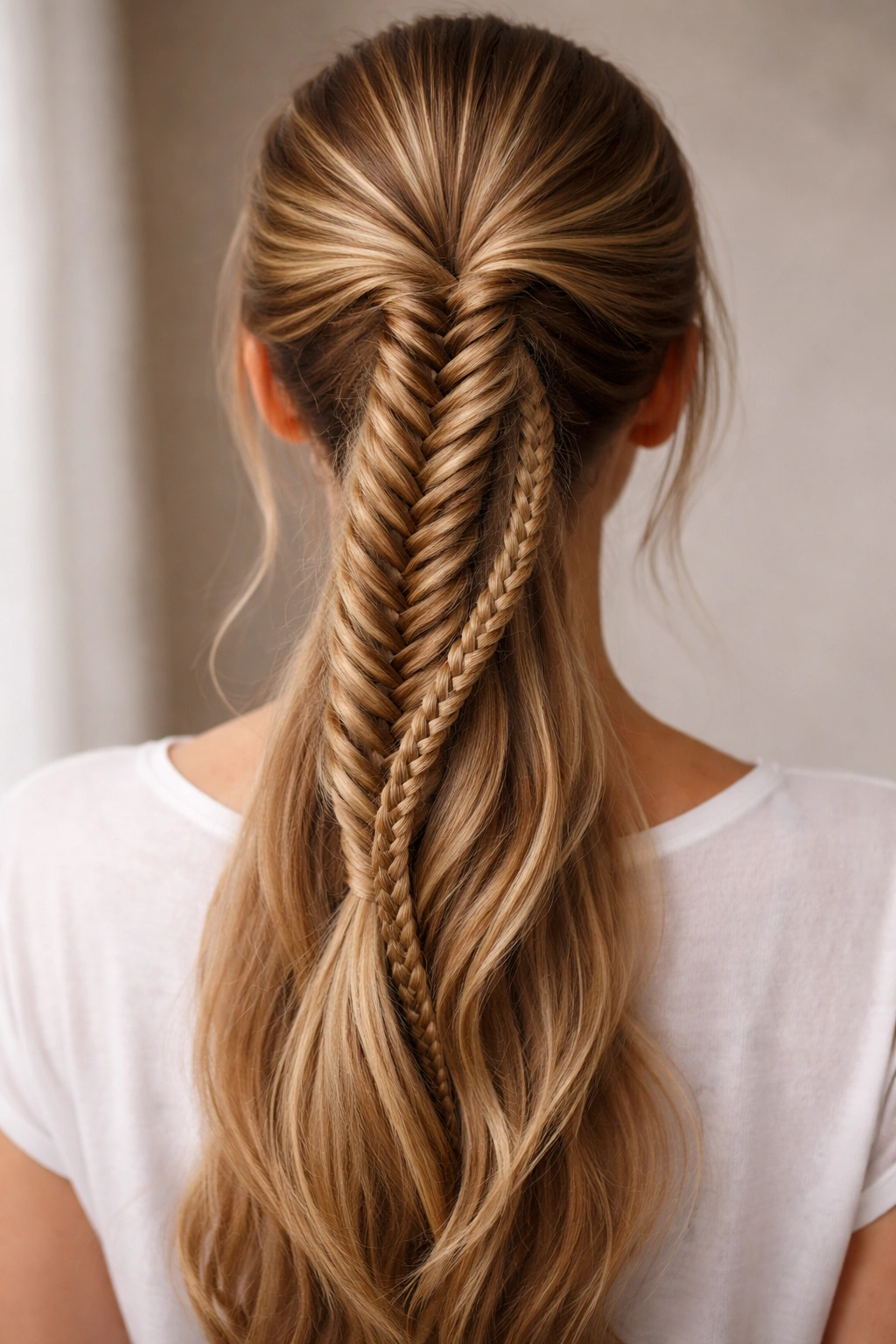 Back view of a fishtail ponytail featuring a nested, smaller fishtail braid alongside the main braid.