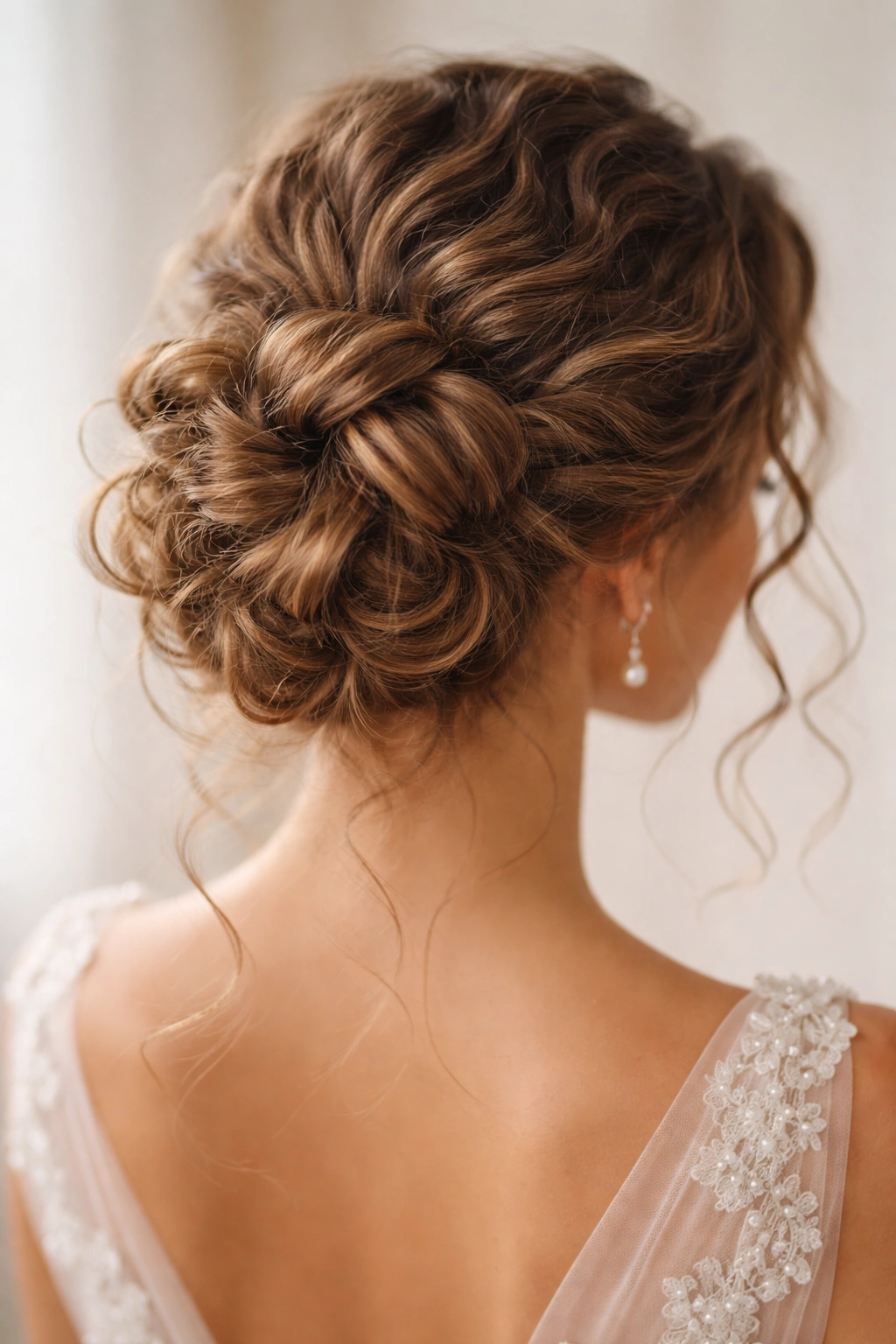 Knot-like bun formed from curly hair with visible knot texture