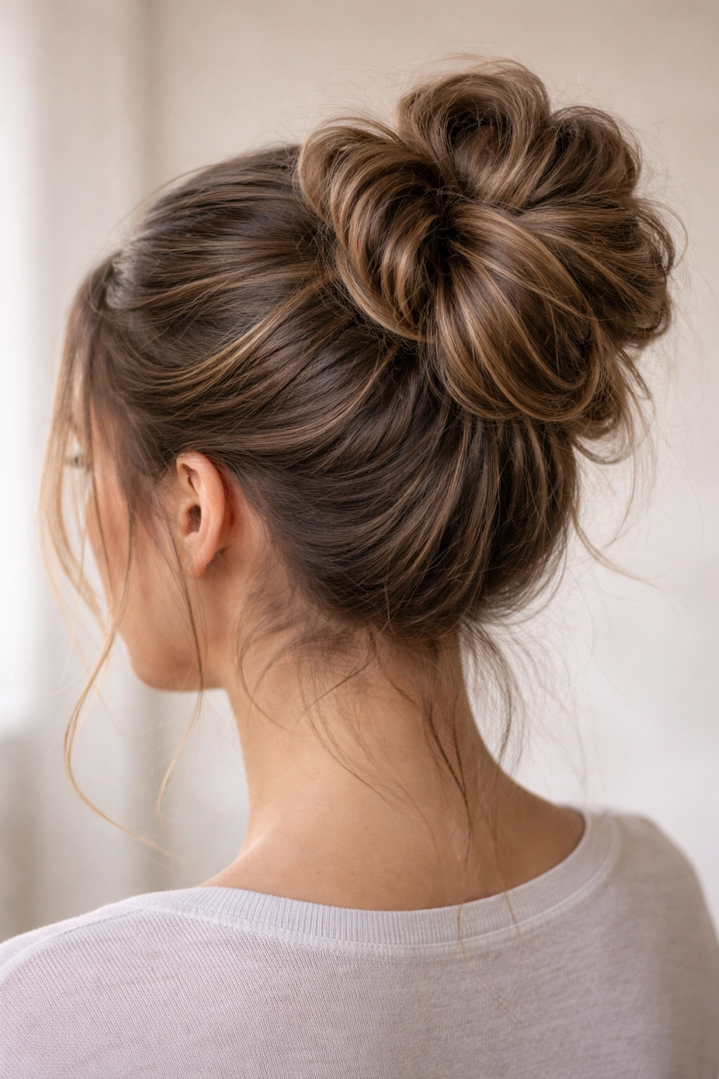 Close up of a thick textured nested loops bun with a high or mid ponytail