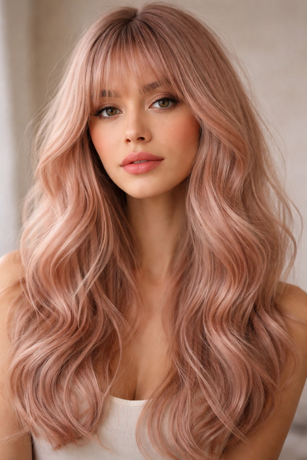 Nude pink soft waves with fringe in a delicate, wearable style