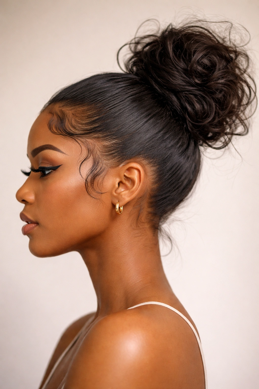 Close-up profile of an off-center messy bun with graphic edges and defined hairline