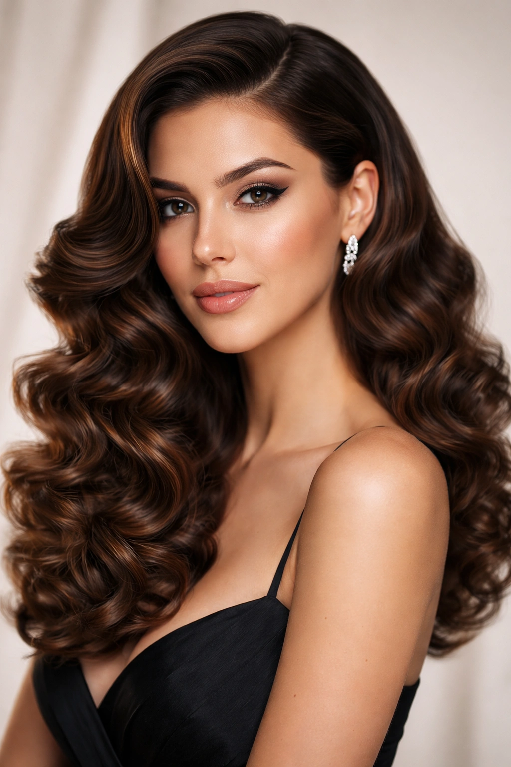 Old Hollywood side-swept curls wig with deep side part cascading over one shoulder