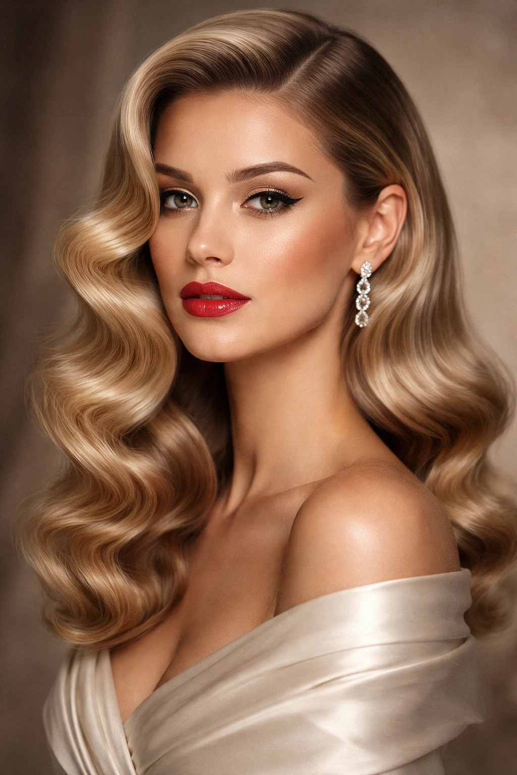 Close-up portrait highlighting face-framing waves in a classic Old Hollywood look