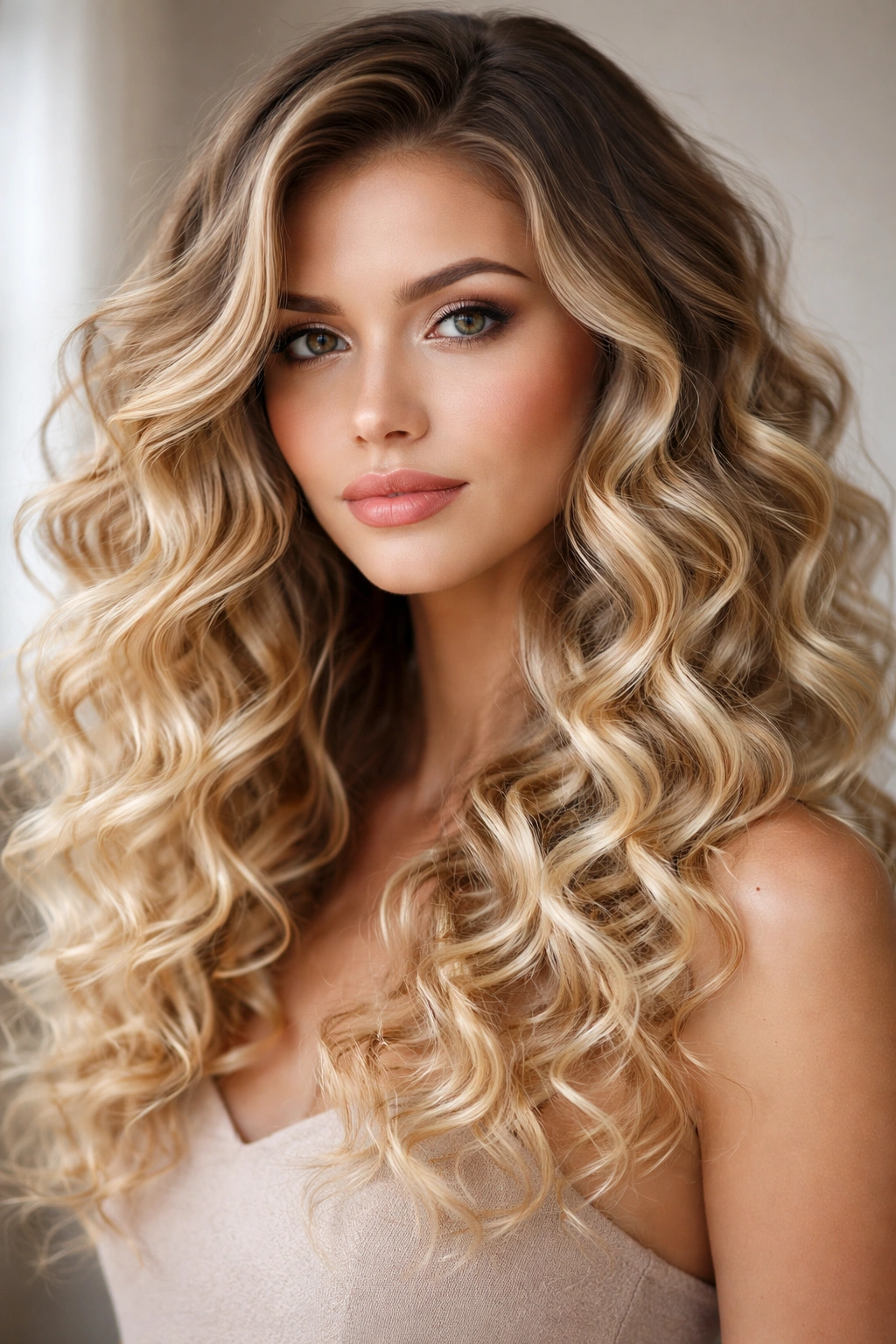 Close-up portrait of ombré blonde curls showing depth and color gradient