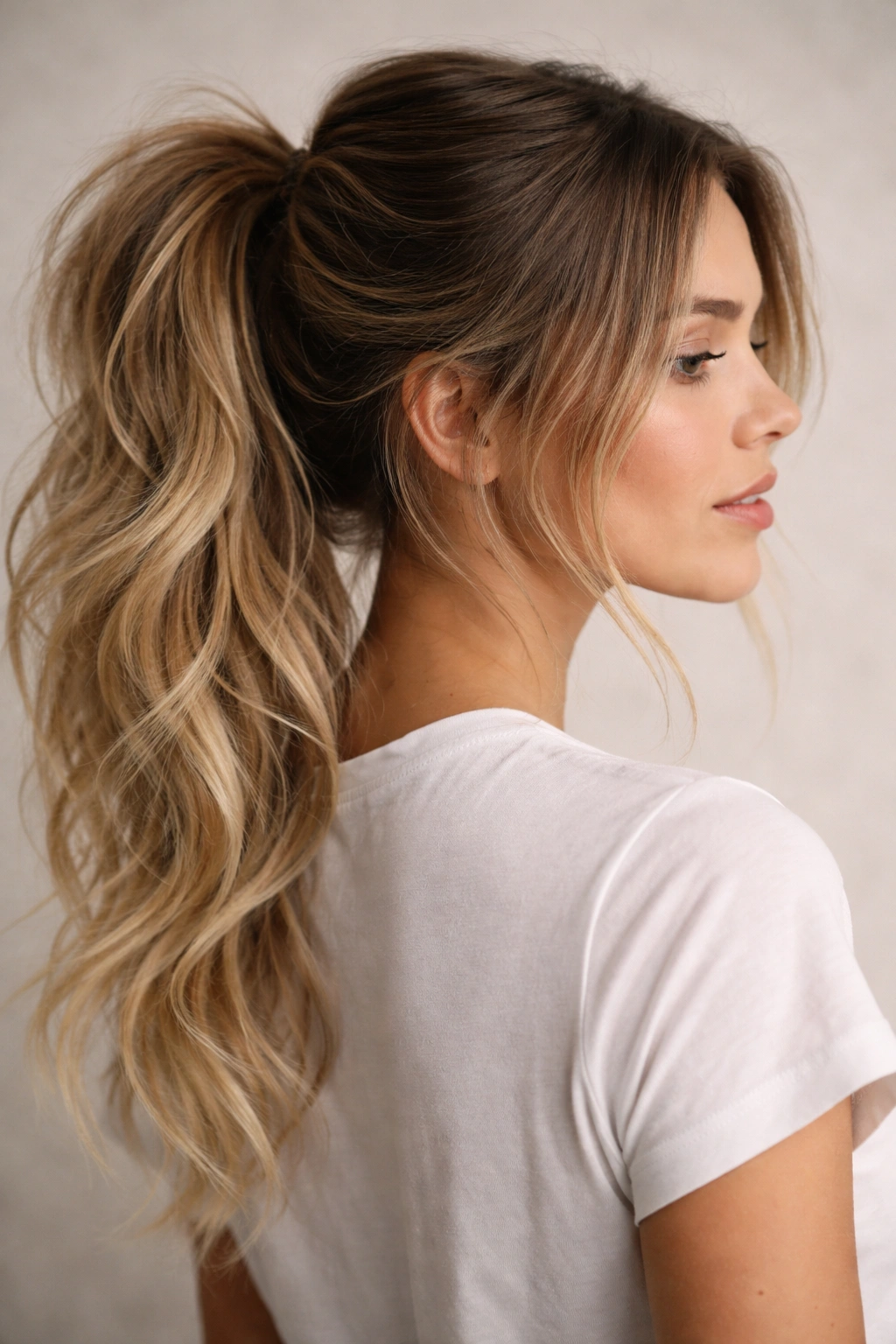 Ombre blonde messy ponytail with dark roots fading to light ends