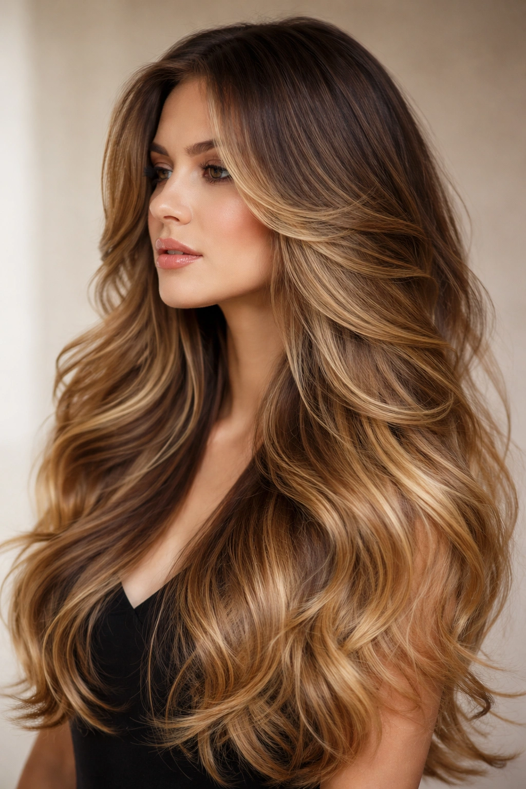 Model with ombre butterfly cut and long waves from dark roots to light ends
