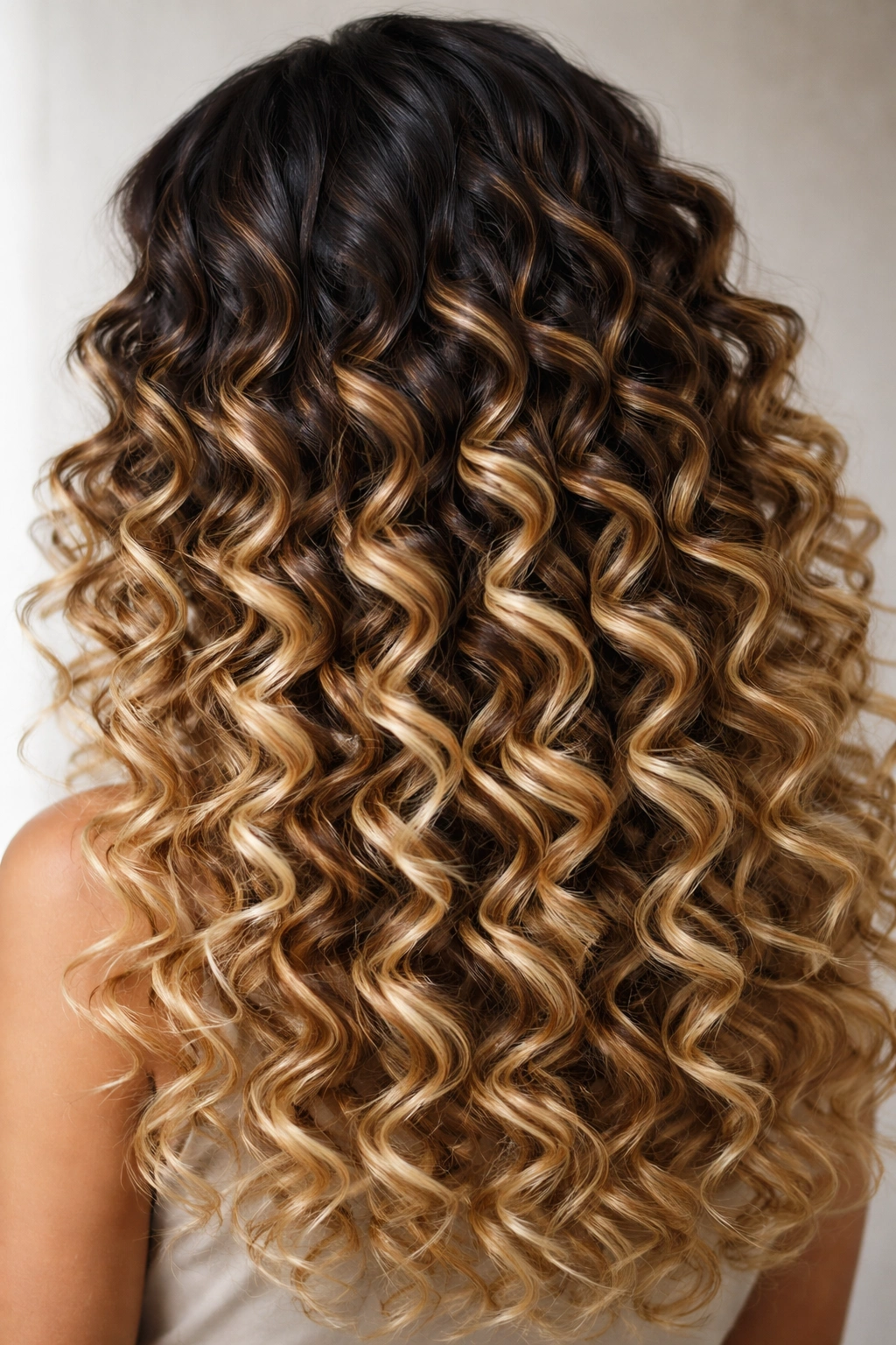Close-up of ombré curls showing dark roots fading to lighter ends with defined texture