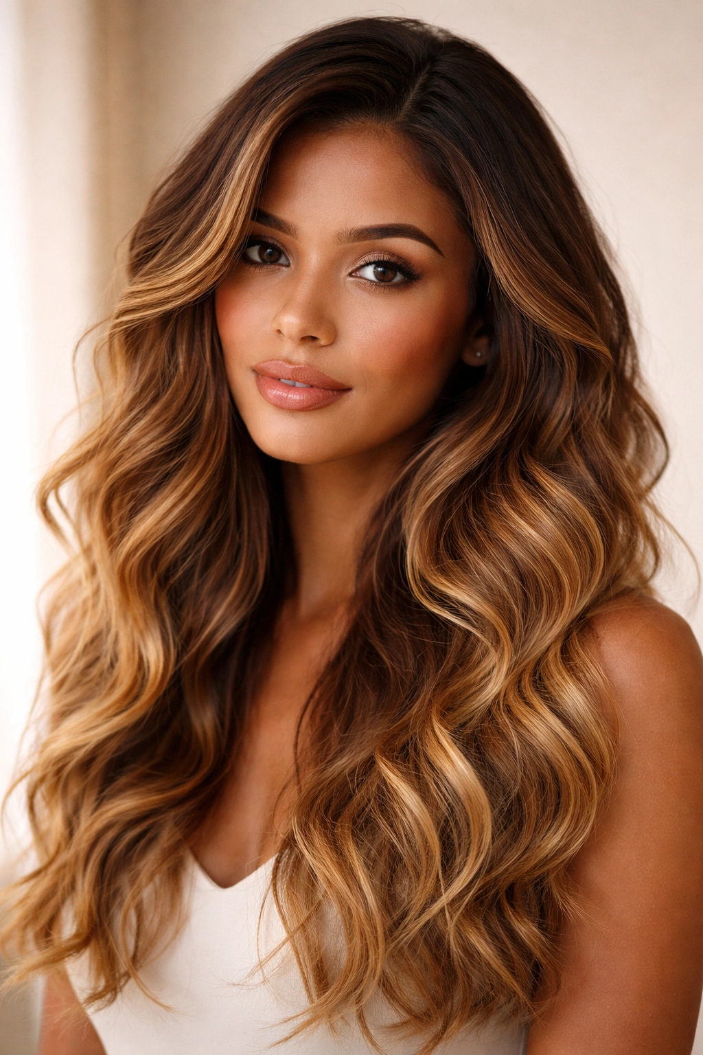 Wavy hair with warm caramel to golden blonde ombre on a model
